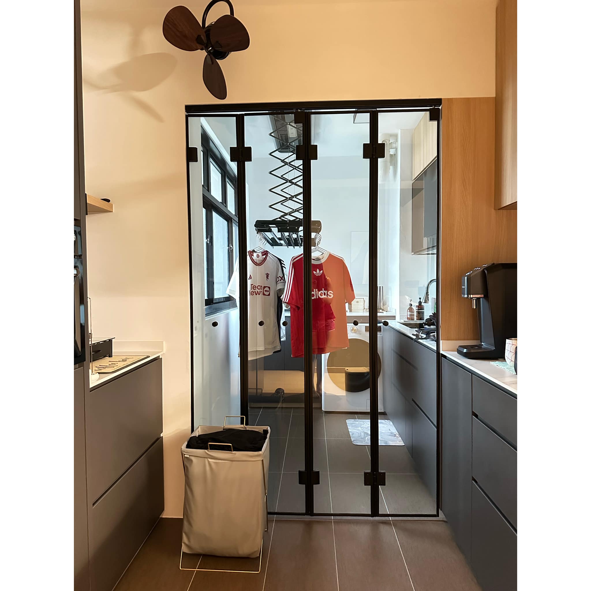 Maximising A Small Yet Functional Service Yard In Our Kitchen - Modern laundry room, glass sliding door, wardrobe closet