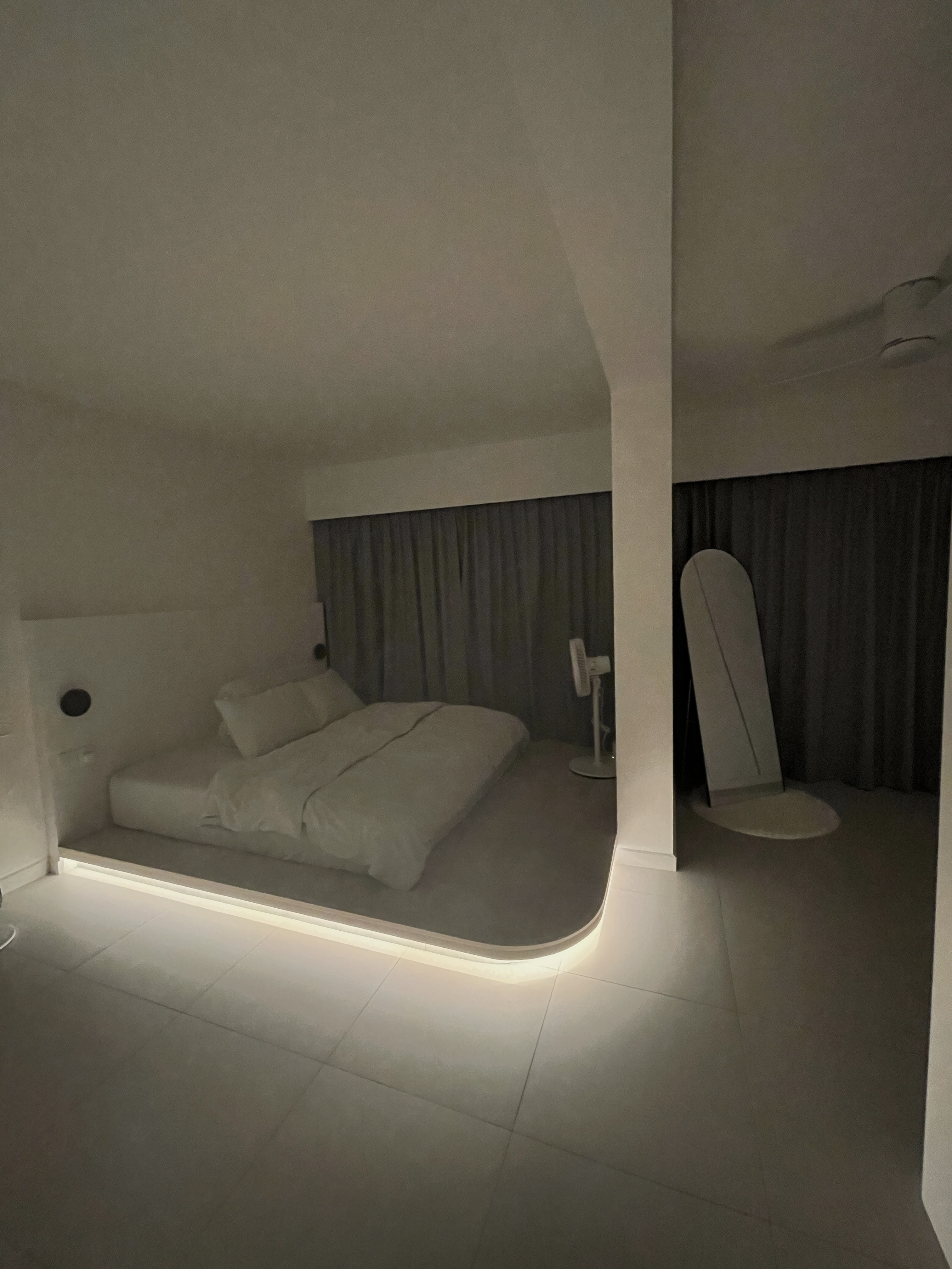 Cosy Corner: A Cosy Hideaway  - Modern minimalist bedroom, cozy bed with white bedding, soft lighting, sleek ceiling design