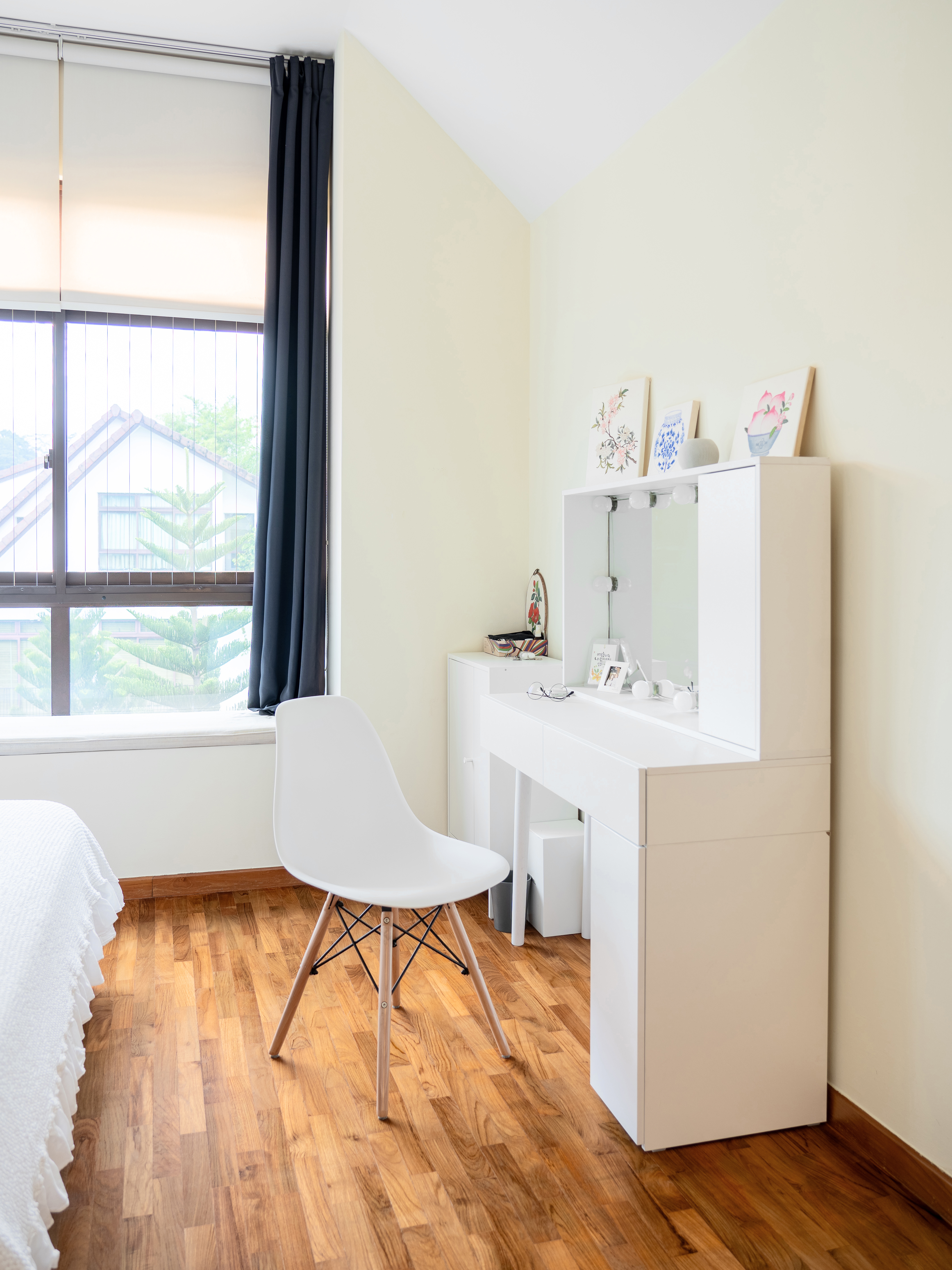 Keeping it simple in our our cosy master bedroom - Modern minimalist bedroom, white vanity with mirror, framed artwork, white