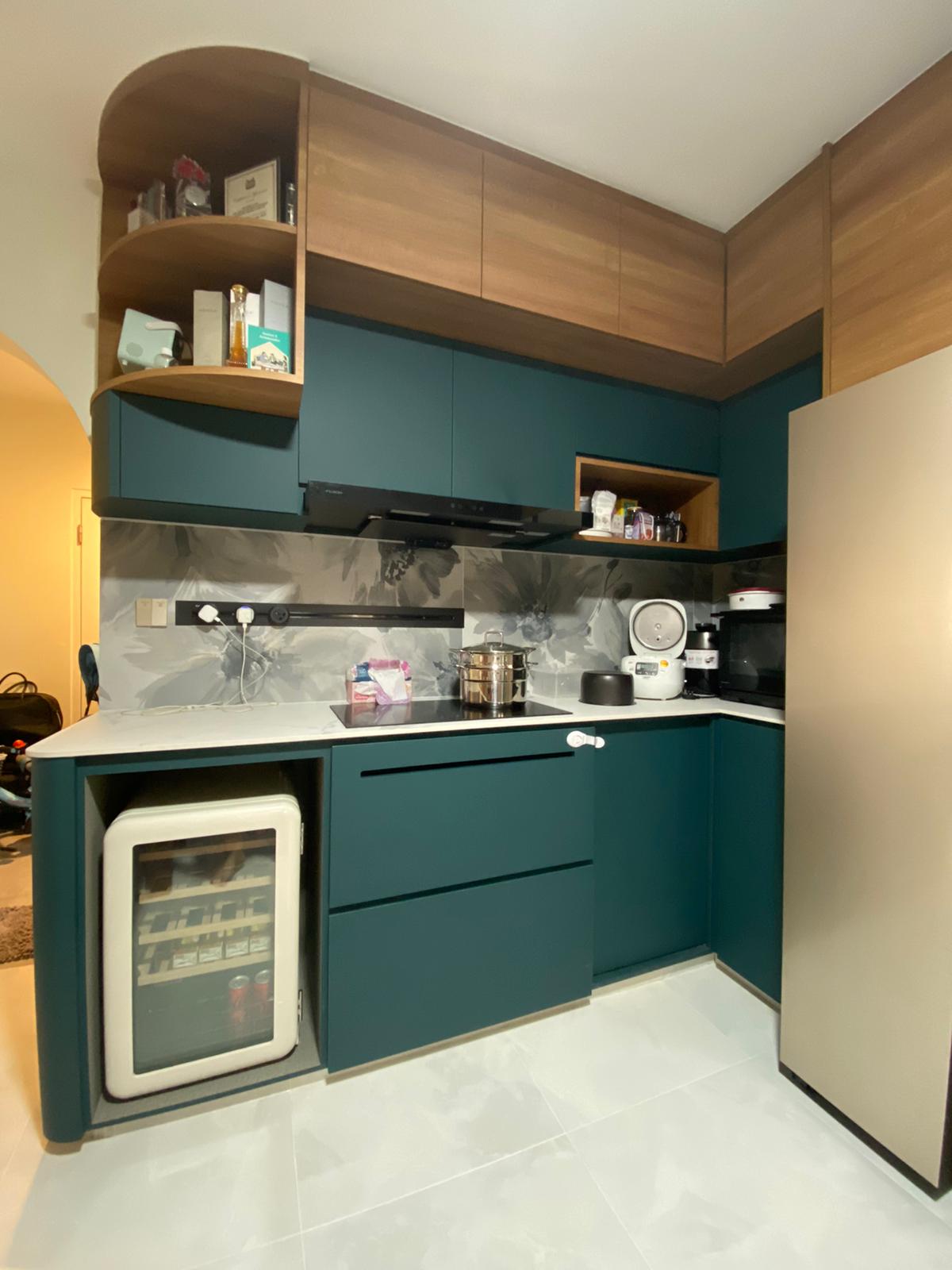 Renders vs Reality: Self-designed kitchen with taobao rendering - Modern kitchen with teal cabinets and wooden accents