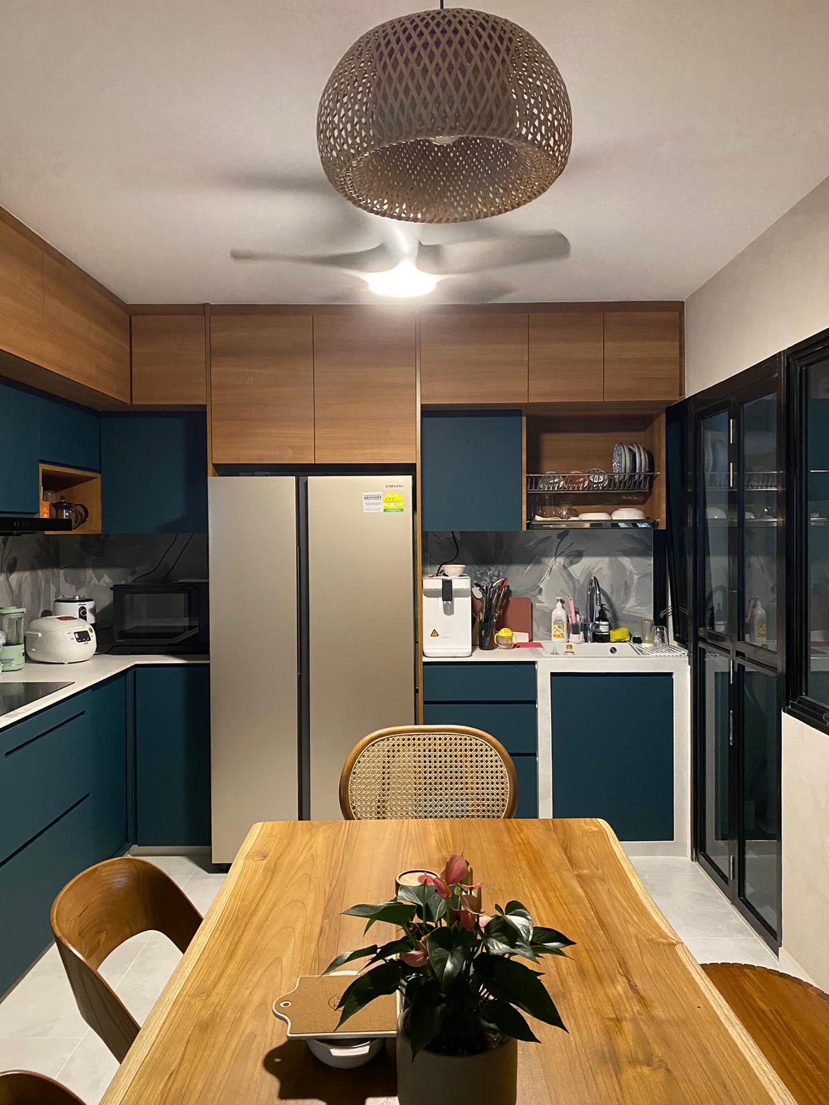 Renders vs Reality: Self-designed kitchen with taobao rendering - Modern kitchen with teal cabinets, stainless steel