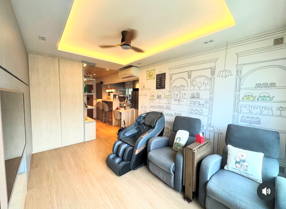 3 Non-Essentials Reno Costs We Saved On - Modern living room with ergonomic black massage chair, stylish grey sofa, wooden