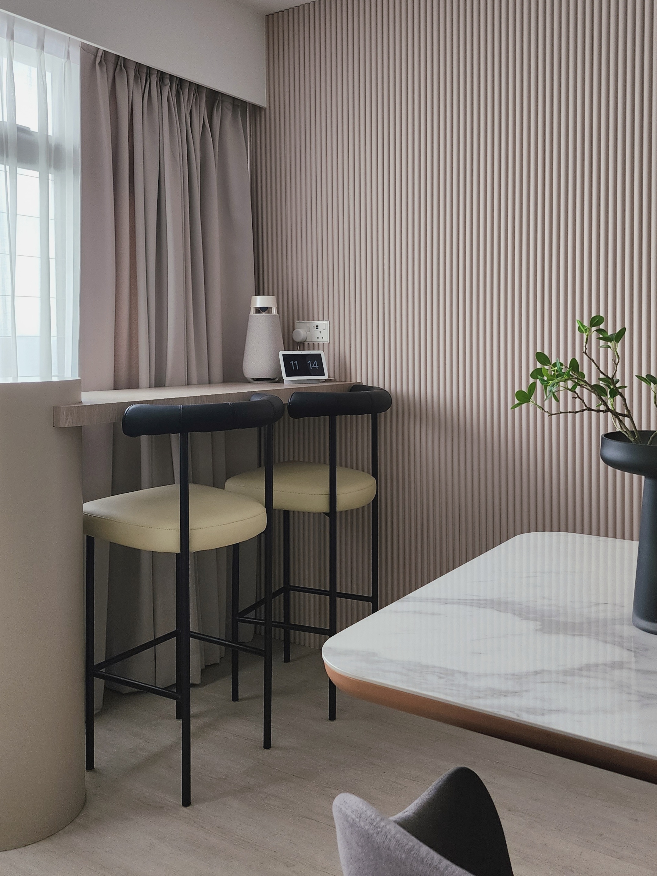 Our Cosy Corner: A Nook By The Window  - Modern minimalist dining room, neutral color palette, vertical striped wall, black