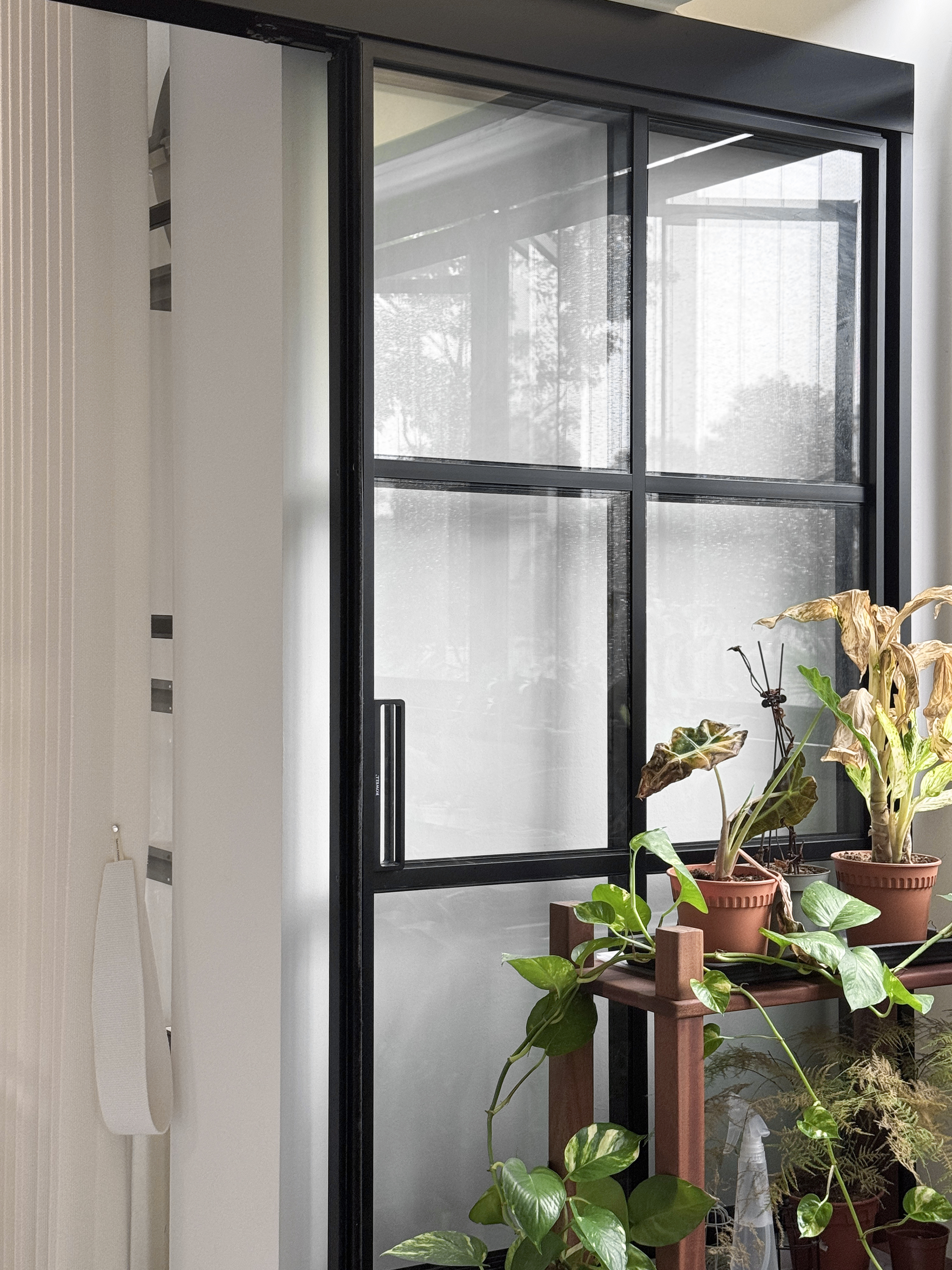 Café Vibes at Home in this Stunning High-Ceiling Balcony - Modern interior, minimalist design, large window, sheer curtains