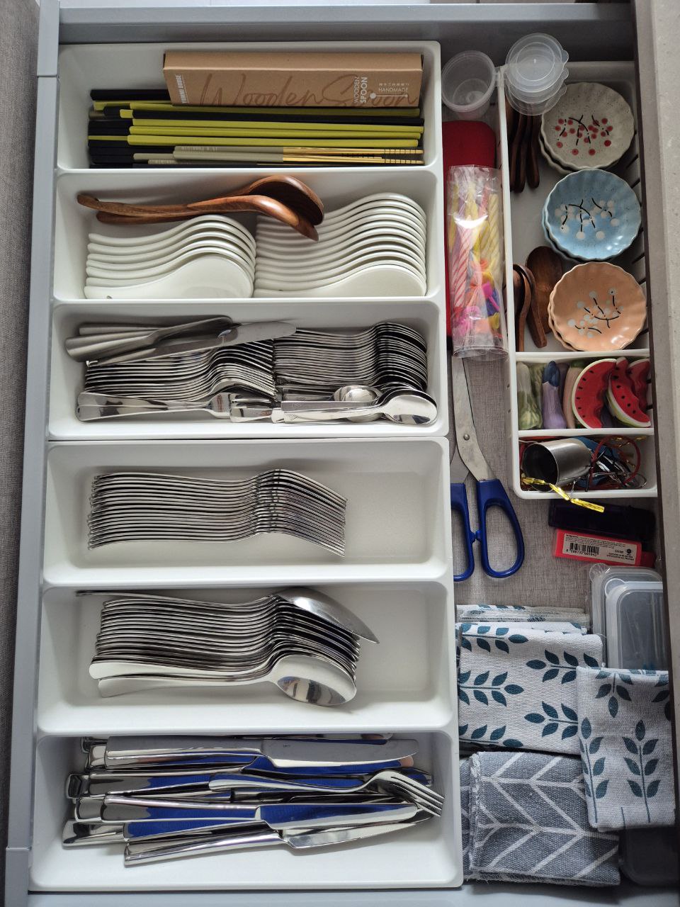 Kitchen Organisation - taking ideas from my parents' kitchen into mine - White storage drawer, neatly organized, stainless