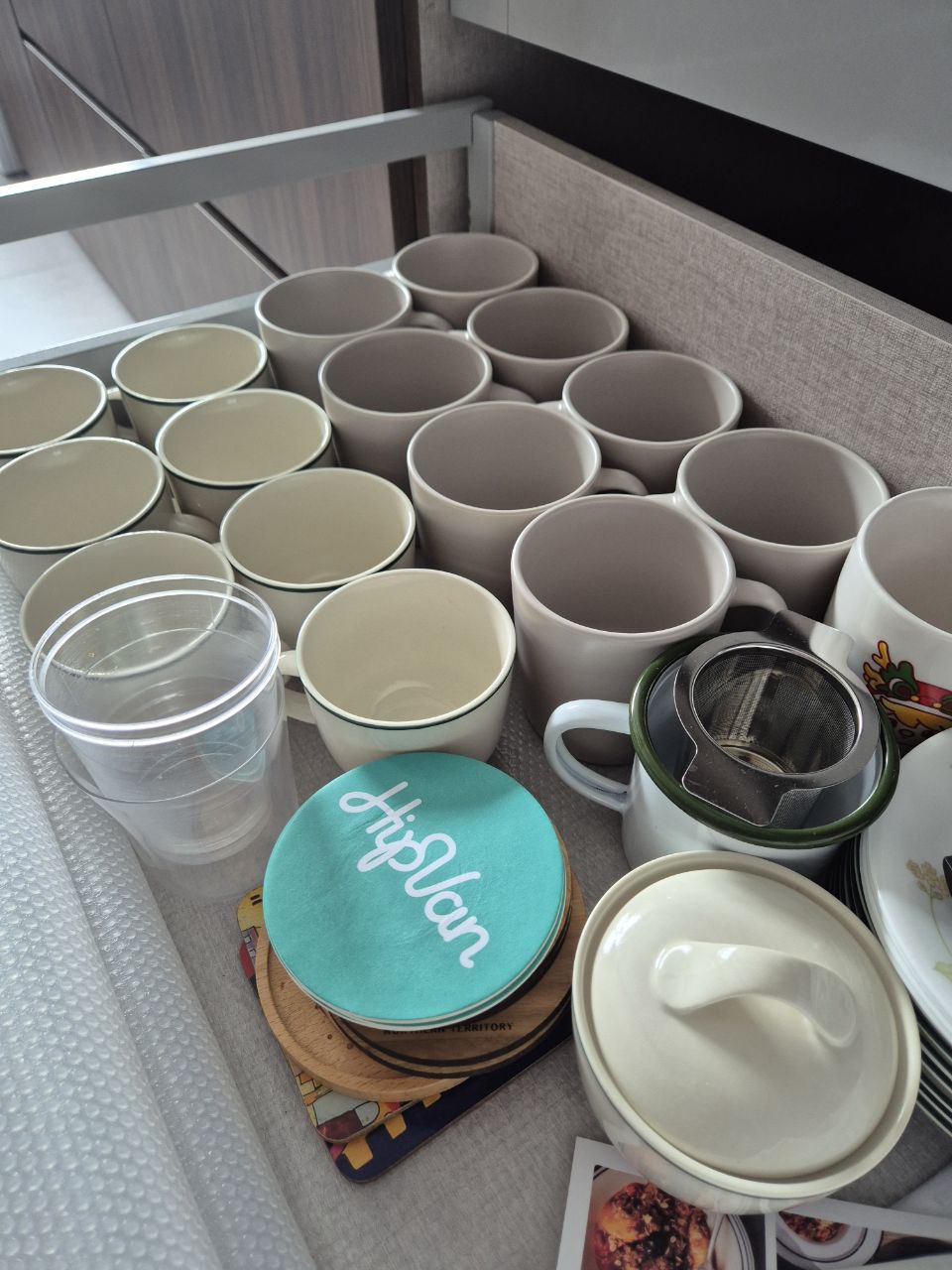 Kitchen Organisation - taking ideas from my parents' kitchen into mine - Clear plastic cups, ceramic mugs, white ceramic