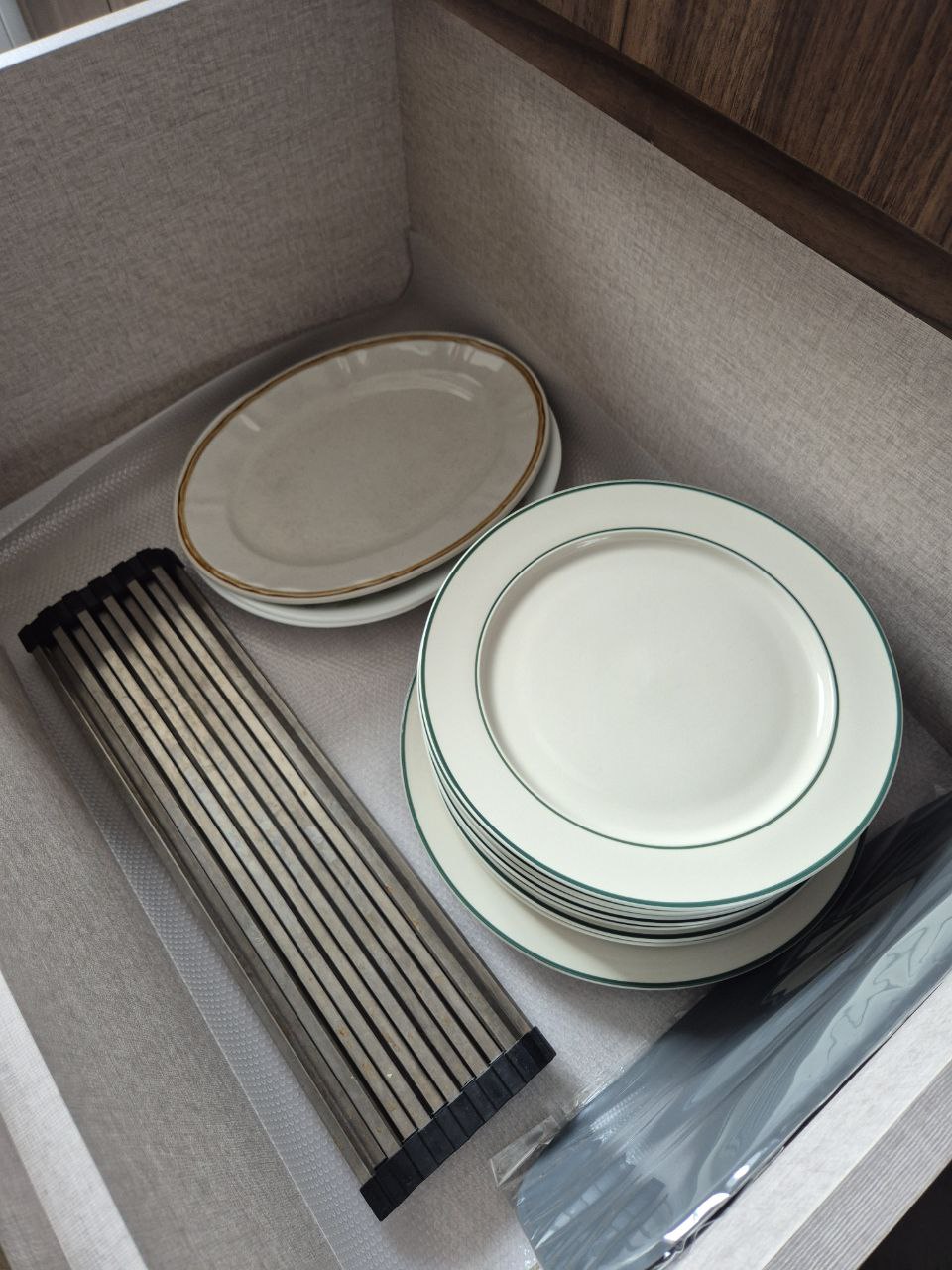 Kitchen Organisation - taking ideas from my parents' kitchen into mine - White plates with gold rims, neatly stacked