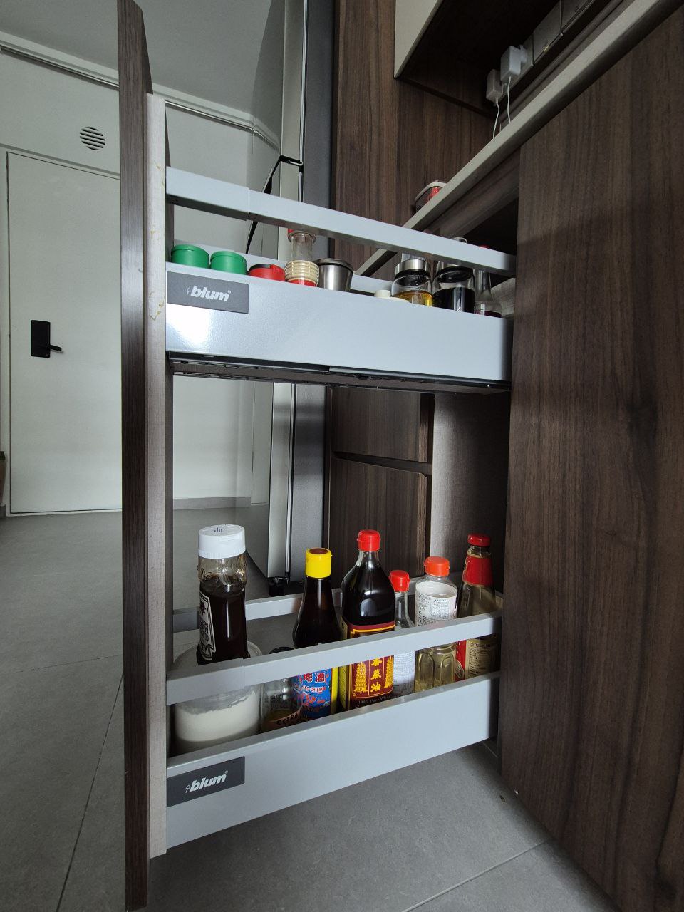 Kitchen Organisation - taking ideas from my parents' kitchen into mine - Kitchen cabinet, open shelf, various condiments, soy