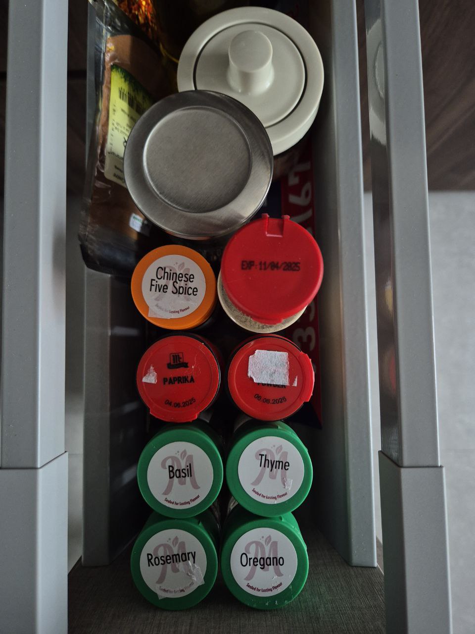 Kitchen Organisation - taking ideas from my parents' kitchen into mine - Chinese Five Spice, Paprika, Basil, Thyme, Rosemary