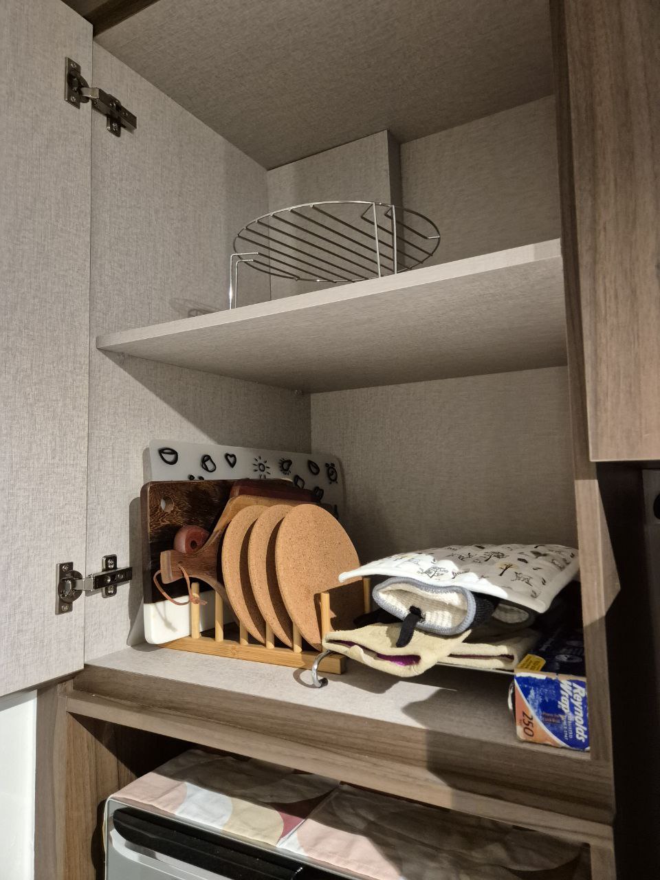 Kitchen Organisation - taking ideas from my parents' kitchen into mine - Wooden kitchen cabinet, open shelf, neatly