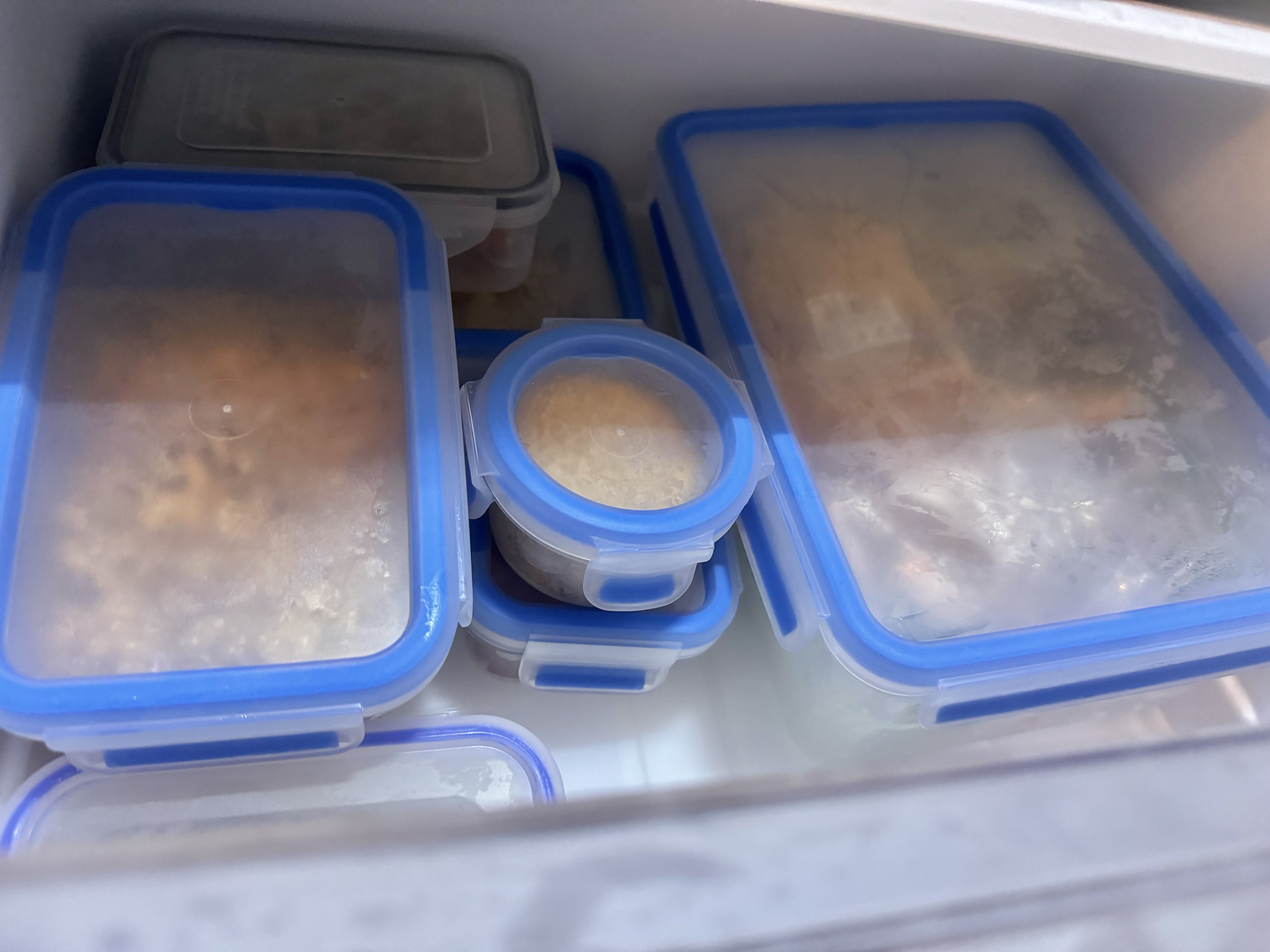 3 Fridge Organisation & Optimisation Hacks - Freezer storage containers, blue lids, transparent lids, food items, ice packs