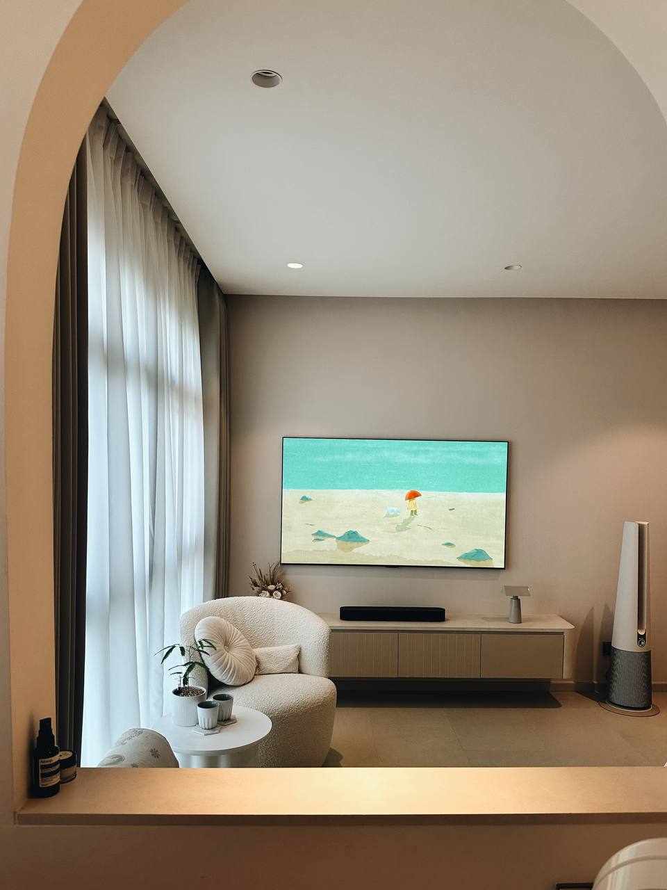 Our Cozy Lounge Corner: Arch Frame for our plant babies - Modern living room, minimalist decor, cozy ambiance, large window