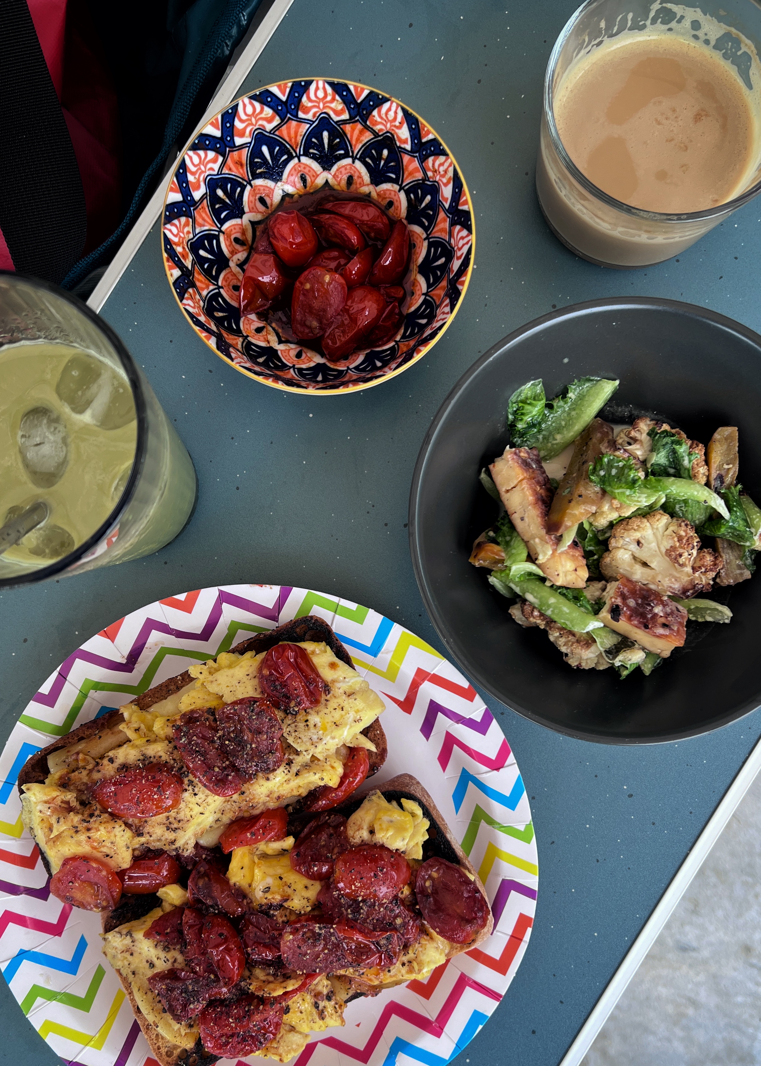 The roof is on FIRE!! 🔥🔥🔥 - sizzling eggs, roasted cherry tomatoes, grilled asparagus, colorful paper plate, healthy