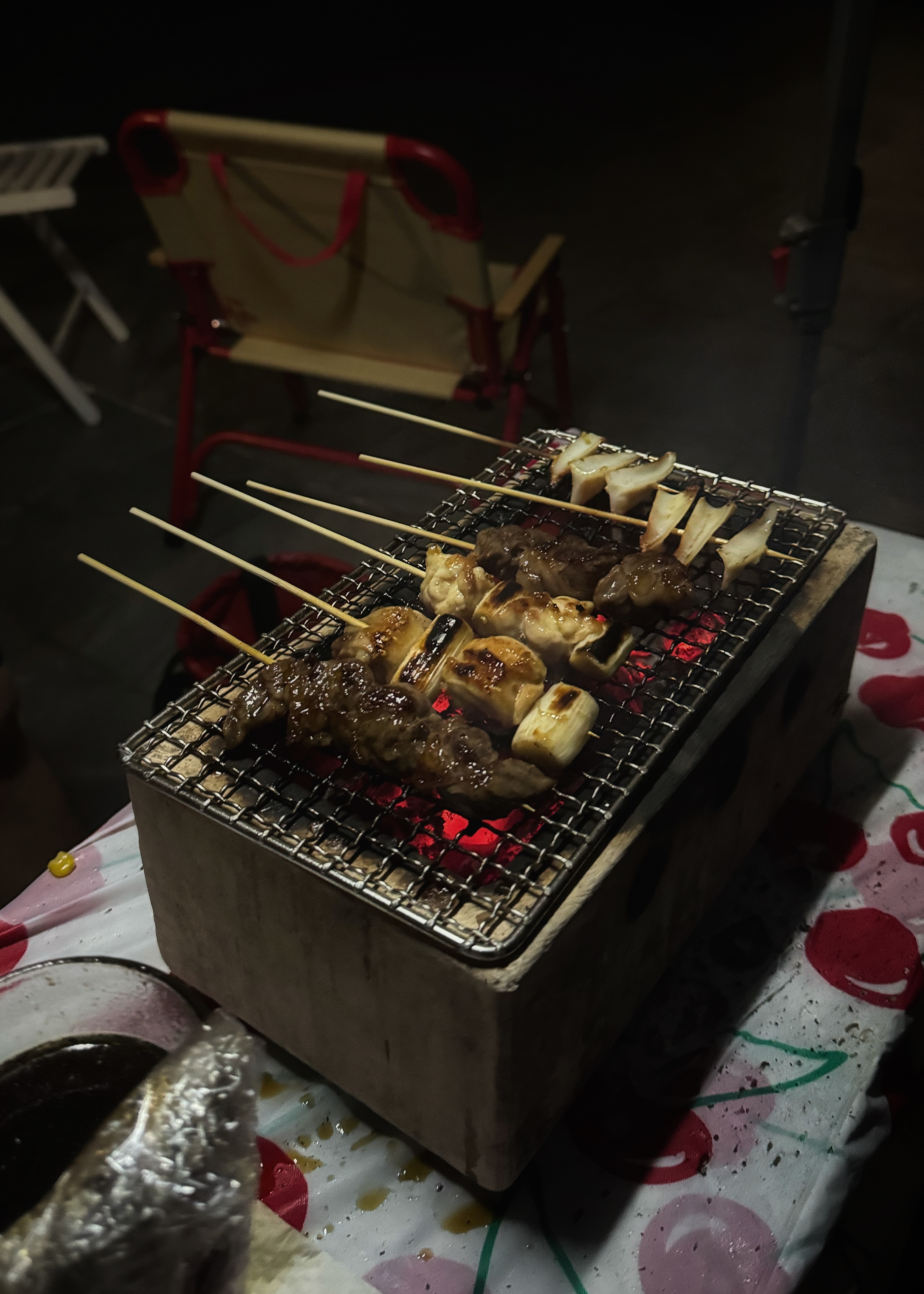 The roof is on FIRE!! 🔥🔥🔥 - grilled skewers, barbecue, outdoor cooking, sizzling meat, grilled vegetables, charcoal grill