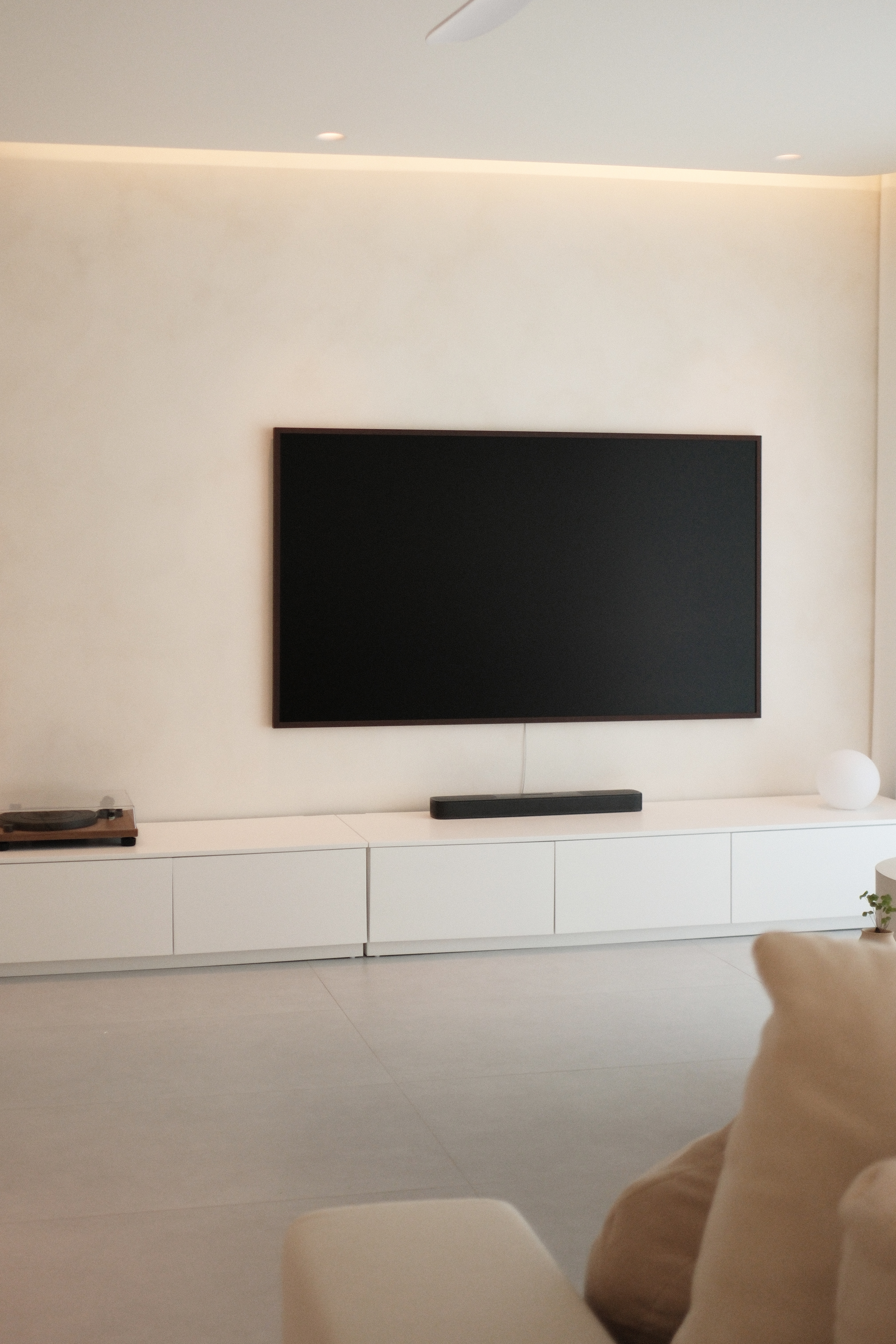 Home Style: My Journey To Creating A Softer Aesthetic - Modern minimalist living room, sleek black TV, white entertainment