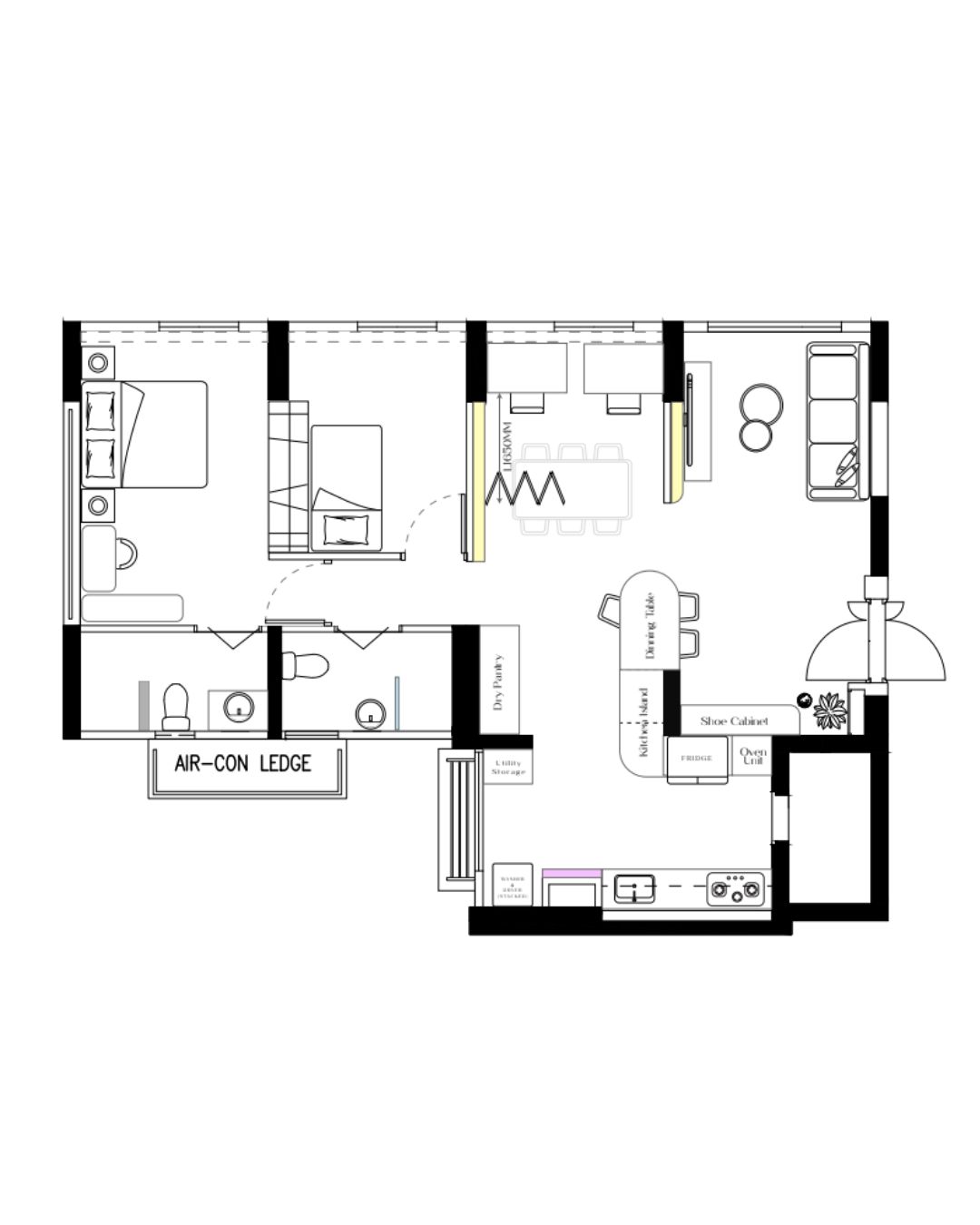 Where Aesthetics Meets Practicality for DINKWAD Couple - Multi-functional living space with integrated air-con and LED light