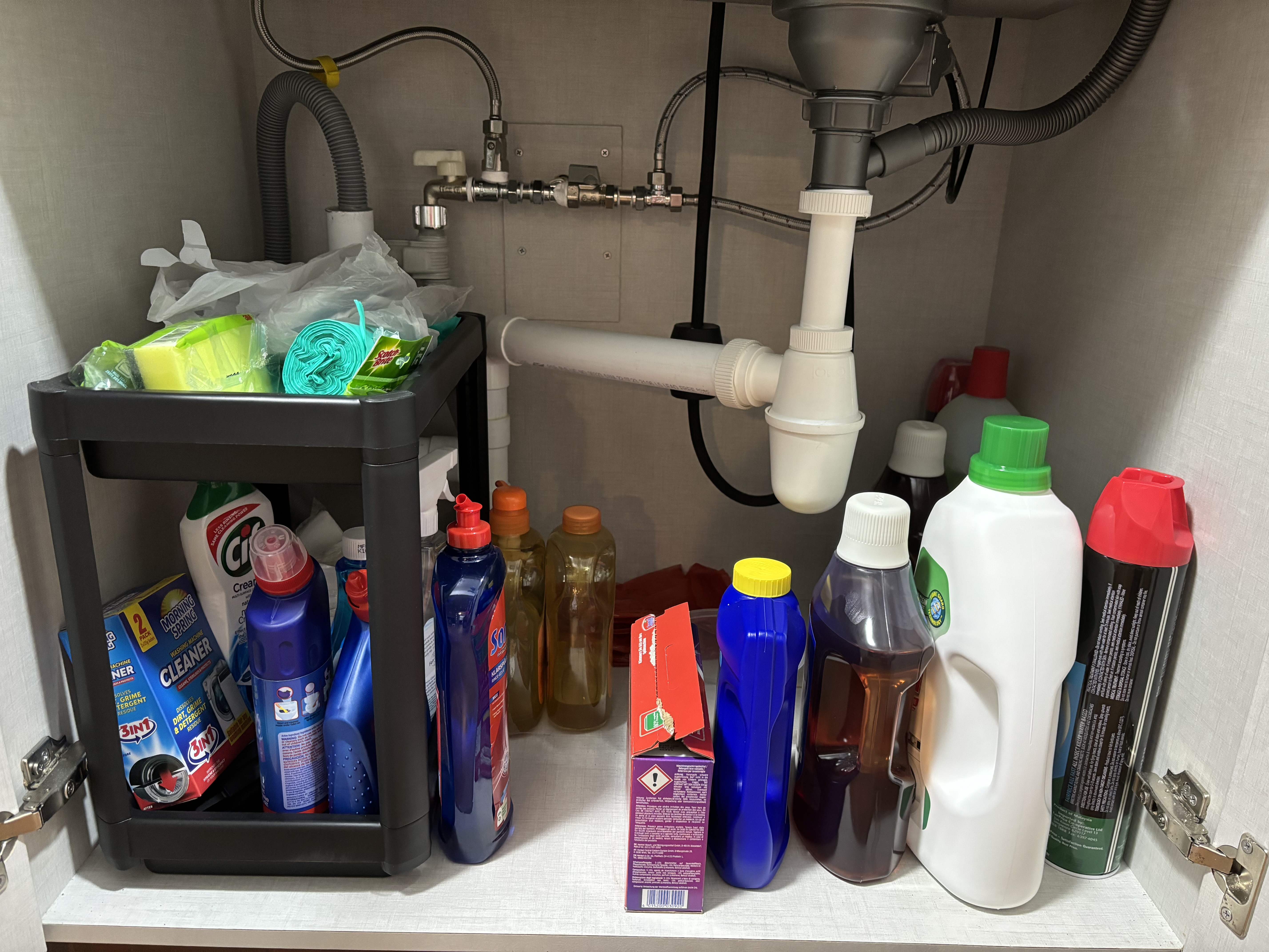 Kitchen organisation for the lazy couple - Detergent bottles, cleaning supplies, laundry detergent, dish soap, cleaning