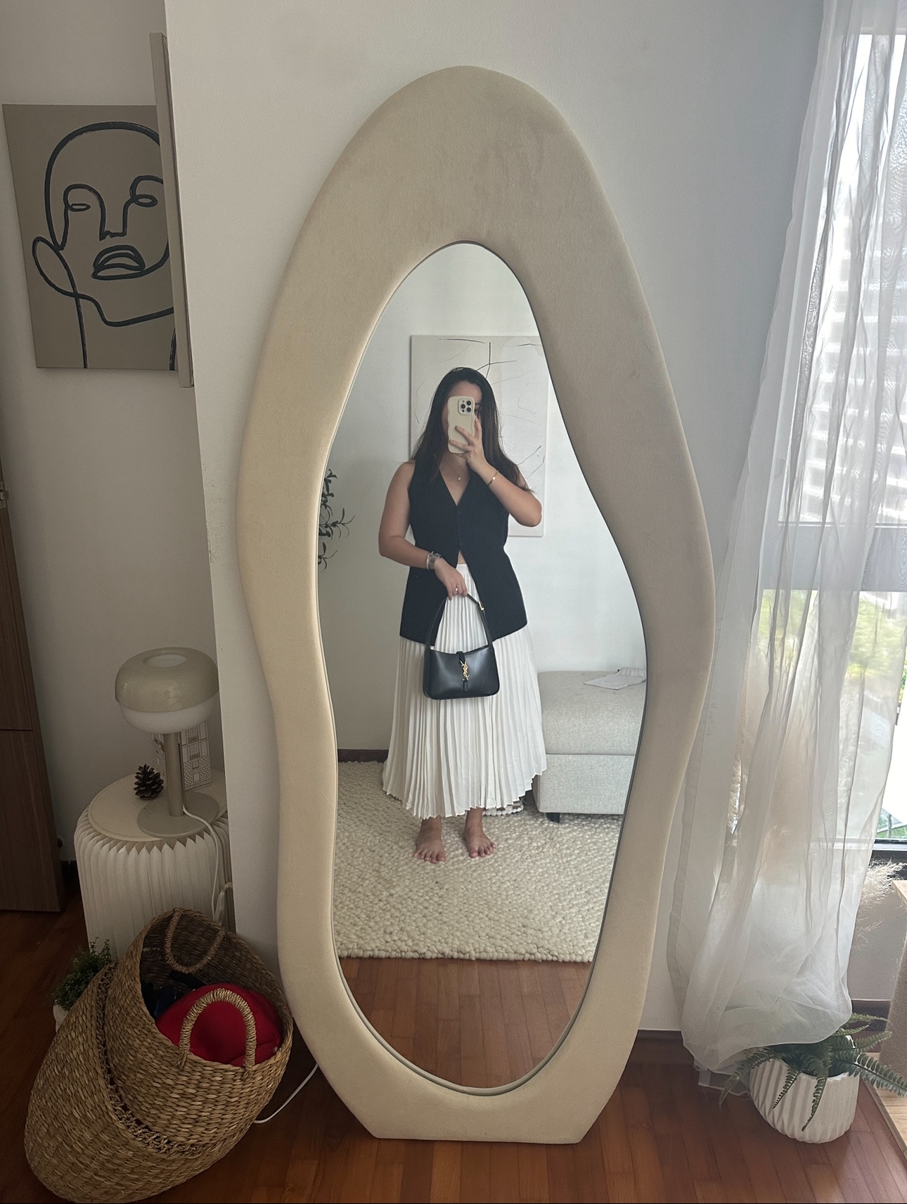 Our Spare Room: Styling It Into A Cosy & Multifunctional Space - Modern minimalist room, woman taking mirror selfie, black