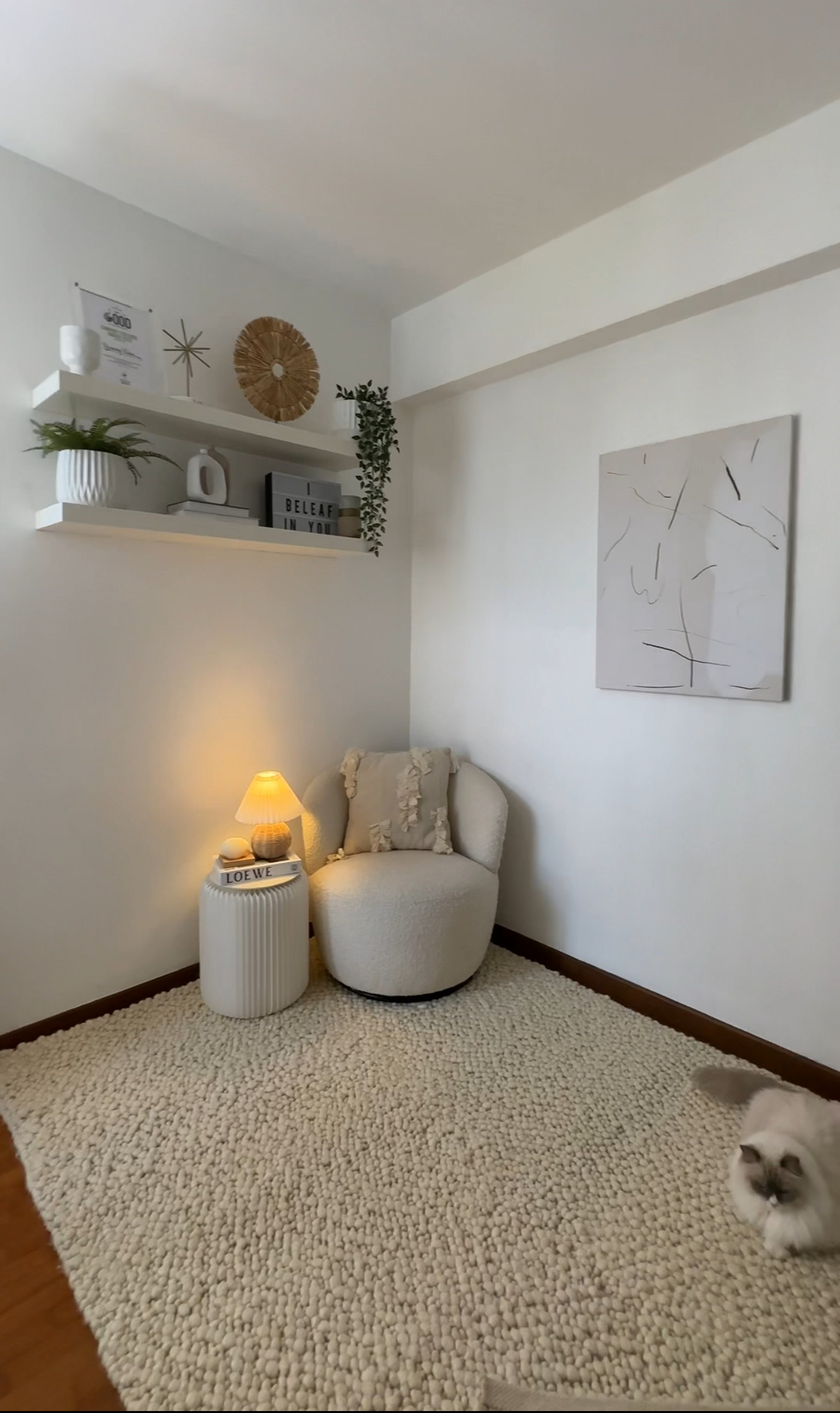 Our Spare Room: Styling It Into A Cosy & Multifunctional Space - White minimalist living room, cozy seating area, plush beige