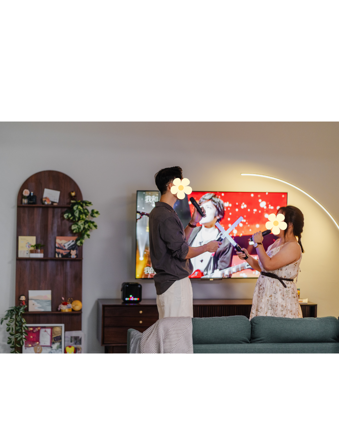 Hosting at Home: From 2 to 22  - live performance, man and woman, singing, TV show, colorful background, modern decor, cozy