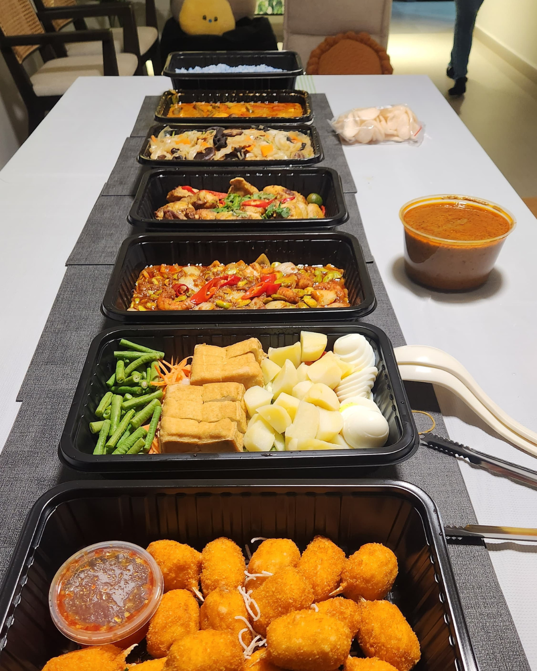 Hosting at Home: From 2 to 22  - Bento box, food, meal, trays, side dishes, vegetables, noodles, rice, meat, chicken