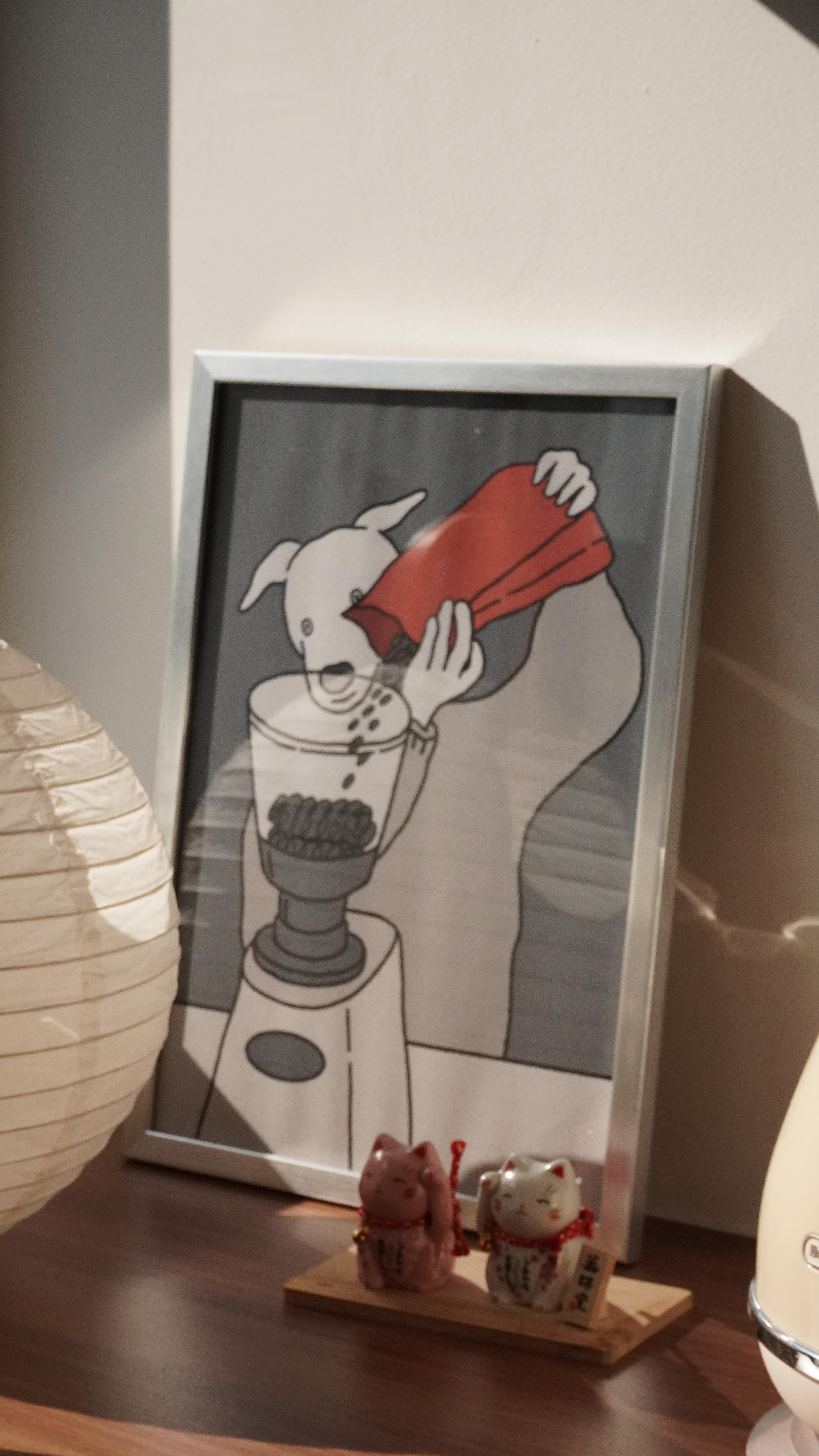 A routine that spice up your day!  - frame, illustration, cartoon, dog, blender, pouring, red liquid, white background, gray