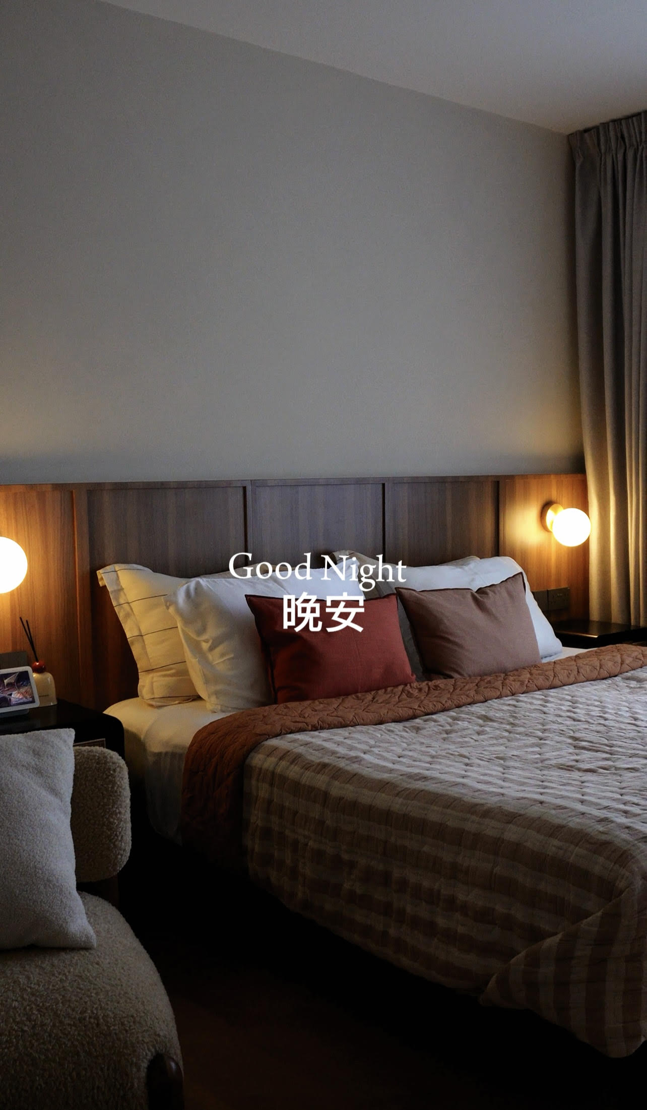 Choose your items wisely. - Comfortable bed with neatly arranged pillows, warm lighting, cozy atmosphere, inviting ambiance