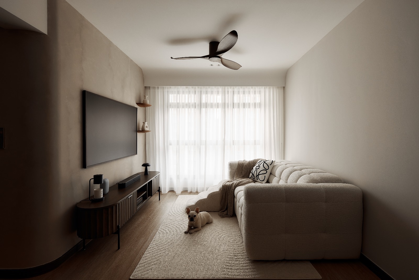 Where Aesthetics Meets Practicality for DINKWAD Couple - Modern minimalist living room, sleek ceiling fan, large flat-screen