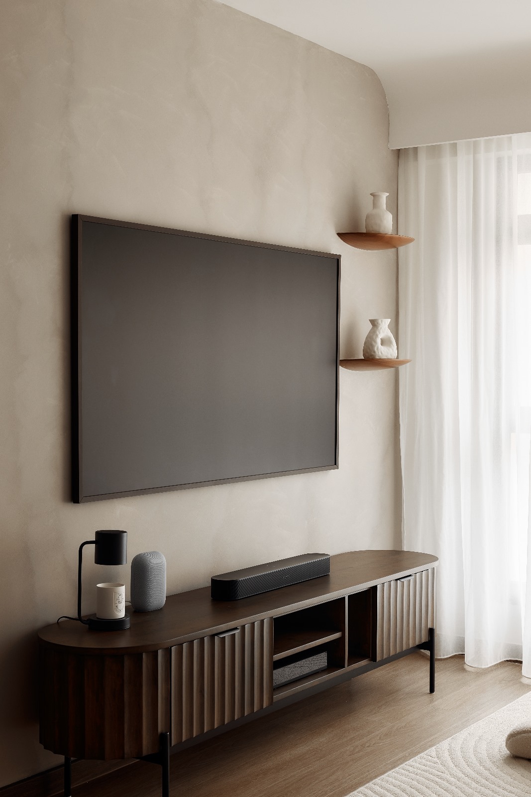 Where Aesthetics Meets Practicality for DINKWAD Couple - Modern minimalist living room, sleek TV stand, neutral color