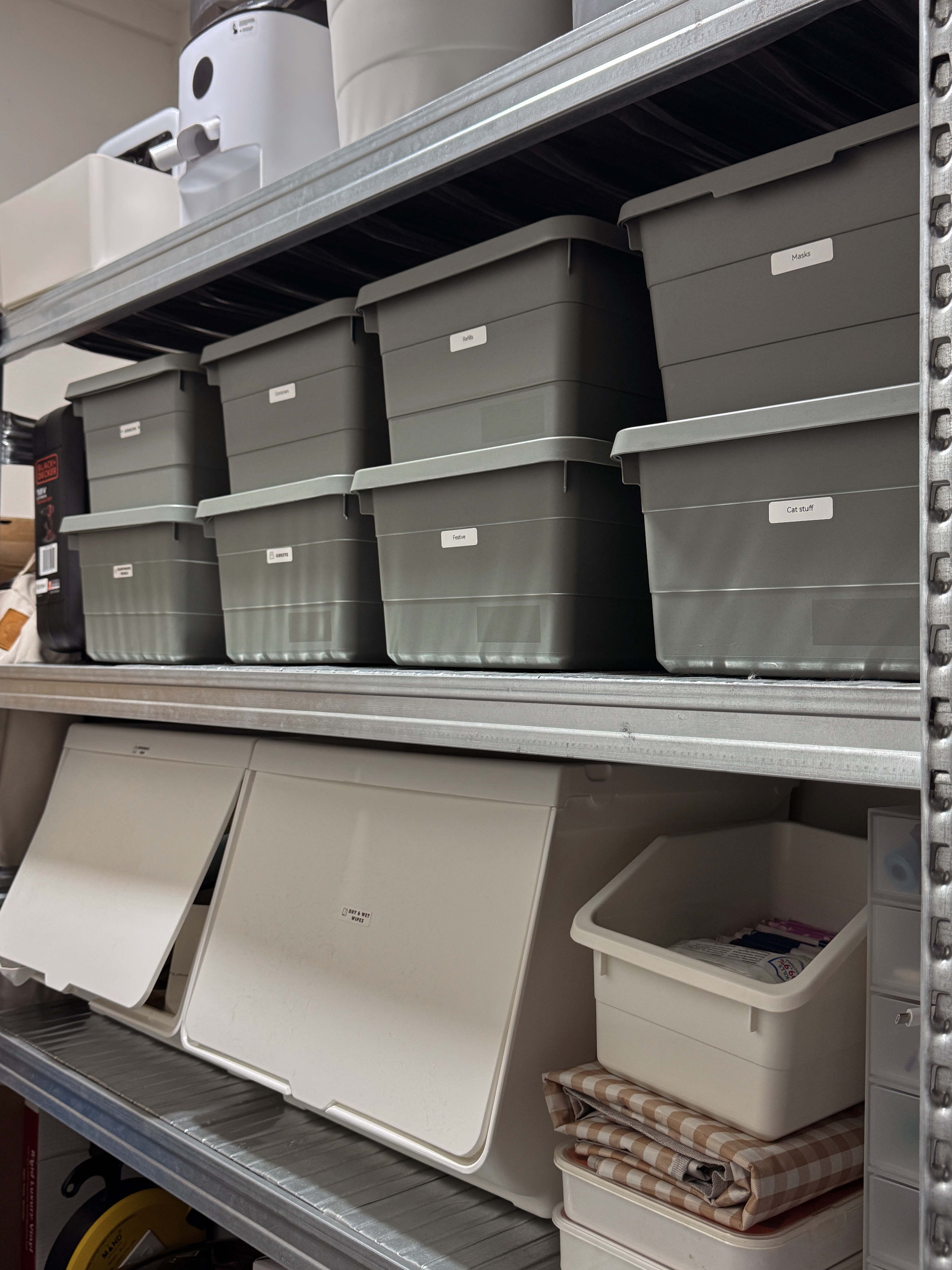 Home Organization We Love - Gray storage bins, white containers, neatly organized shelves, medical supplies, masks, cat