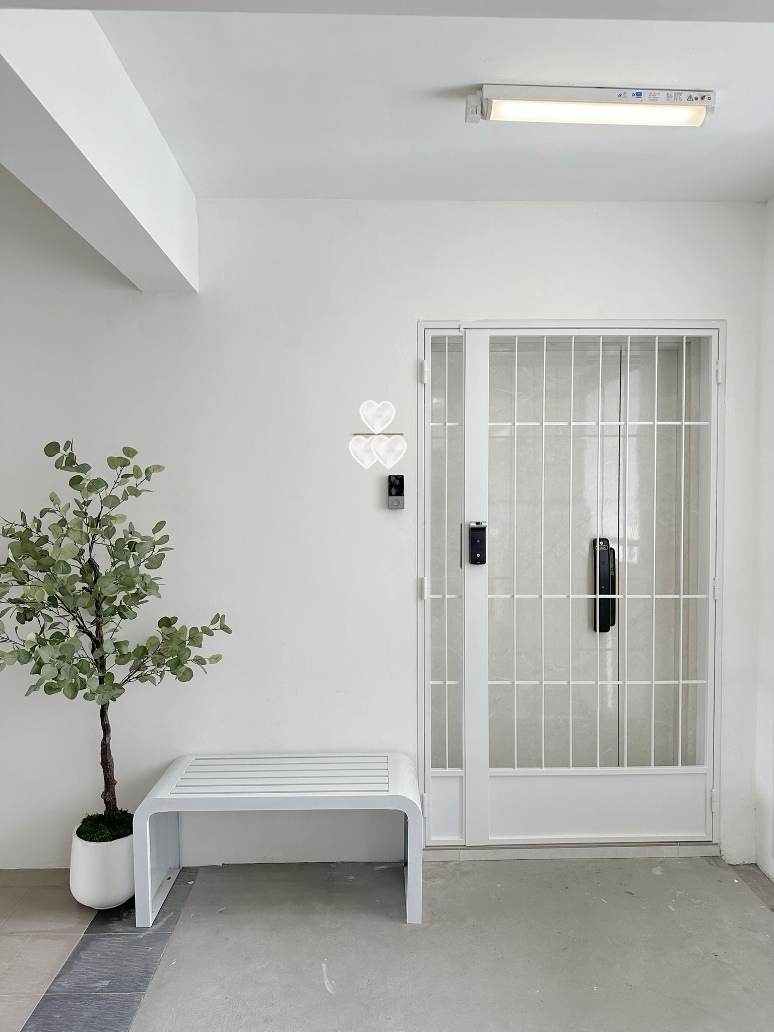 Our entrance: Clean, with a pop of green - White modern minimalist interior, sleek door with glass panels, potted plant with