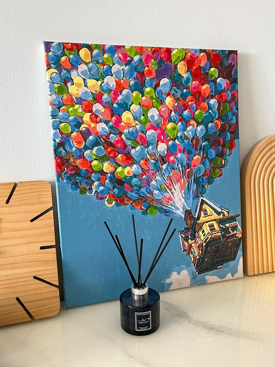 Create a unique home with customised artwork  - Colorful balloon explosion, vibrant balloons, whimsical scene, artistic