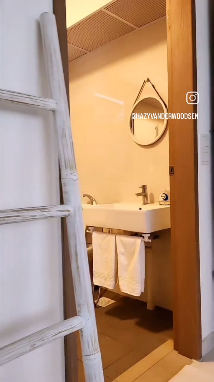 Hidden things by punggoHField - Bathroom interior, white sink, round mirror, wooden door frame, white towel, tiled floor