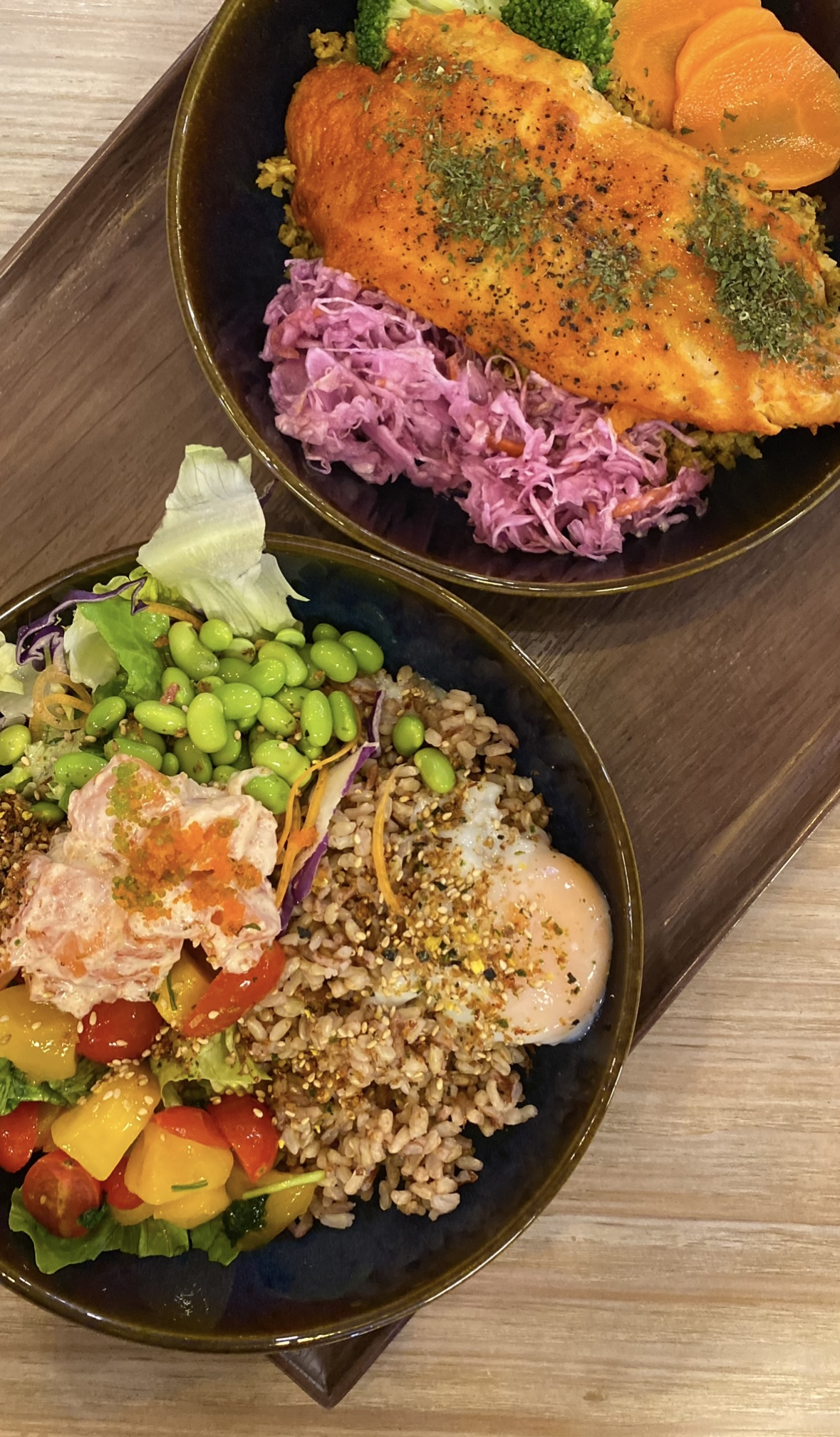 Our simple weekend routine 💖 - grilled salmon, vibrant vegetables, mixed greens, tofu, egg, rice, shredded cabbage, carrots