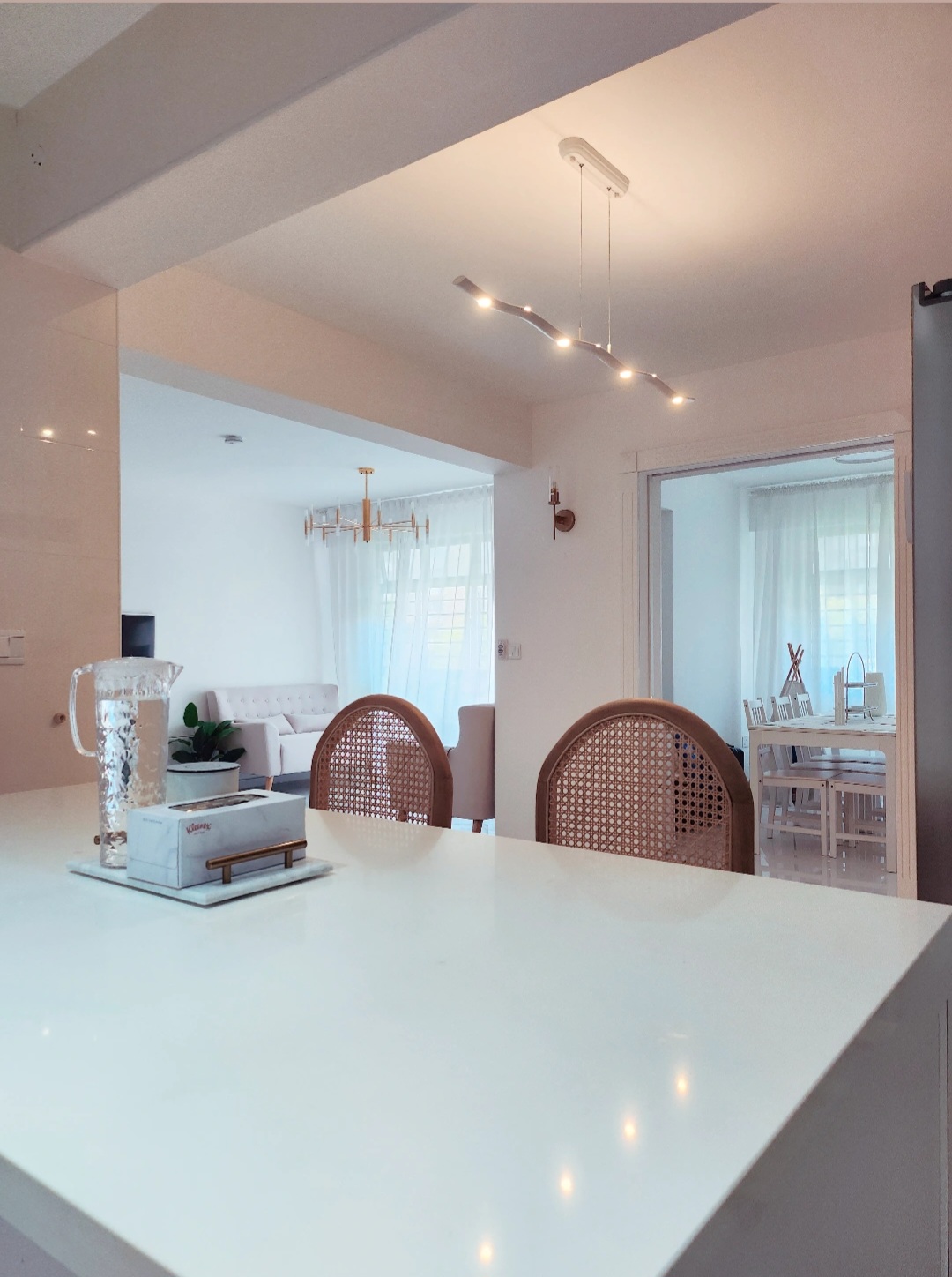 Lightings by punggoHField - White modern kitchen, minimalist dining room, sleek furniture, contemporary design, open kitchen