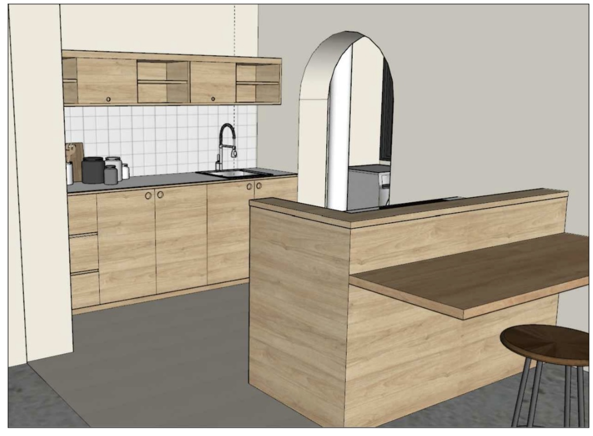 Basic renders vs Inspo pics vs Reality  - Wooden kitchen island, modern design, integrated sink, built-in cabinets, open