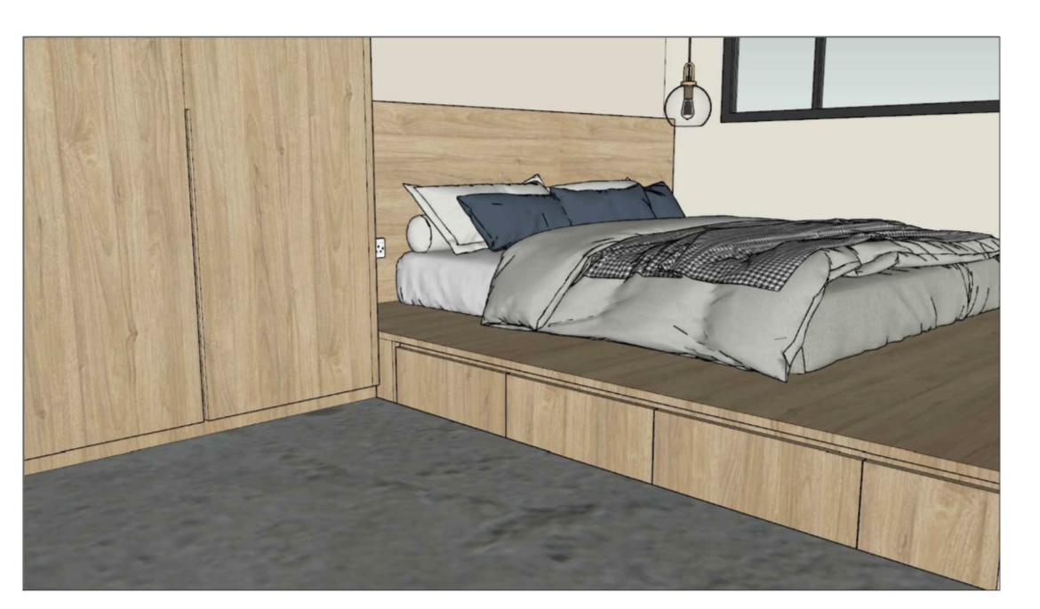 Basic renders vs Inspo pics vs Reality  - Wooden wardrobe, minimalist design, integrated bed, wooden headboard, cozy bedroom