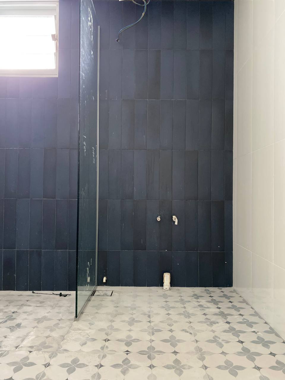 Why we will definitely get an ID for renovation!  - Dark blue tiled wall, modern bathroom, shower enclosure, white and gray