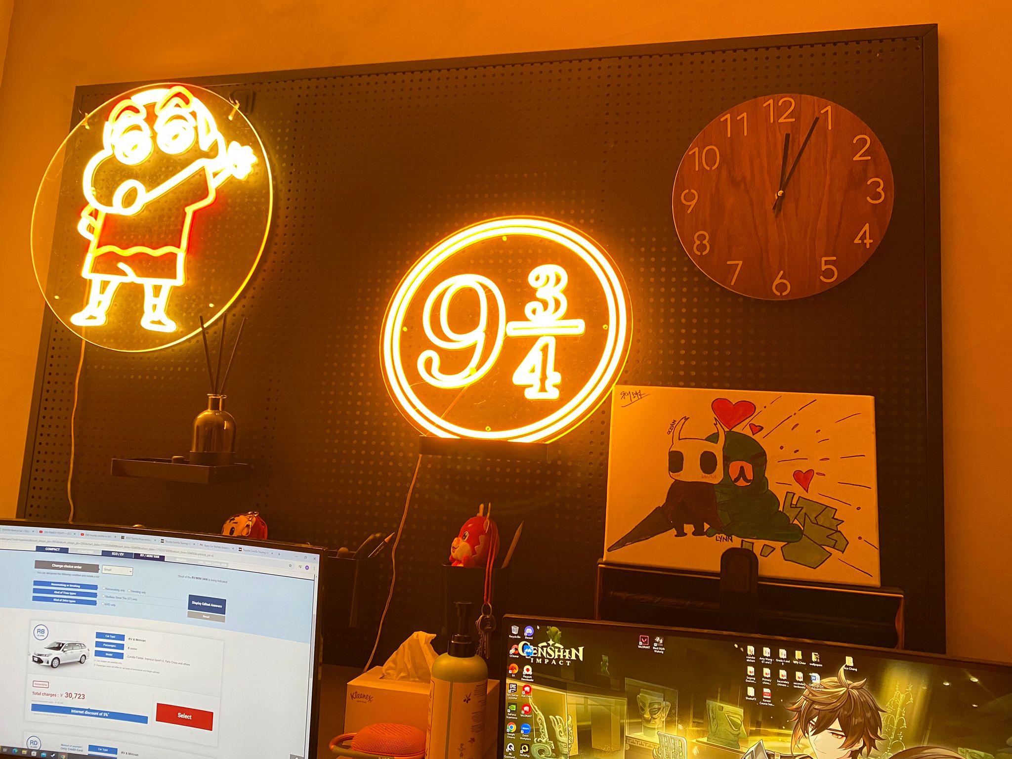 Our cozy gaming corner: with Lan shop vibes, said the man in his 30s - Neon sign featuring cartoon character, round clock