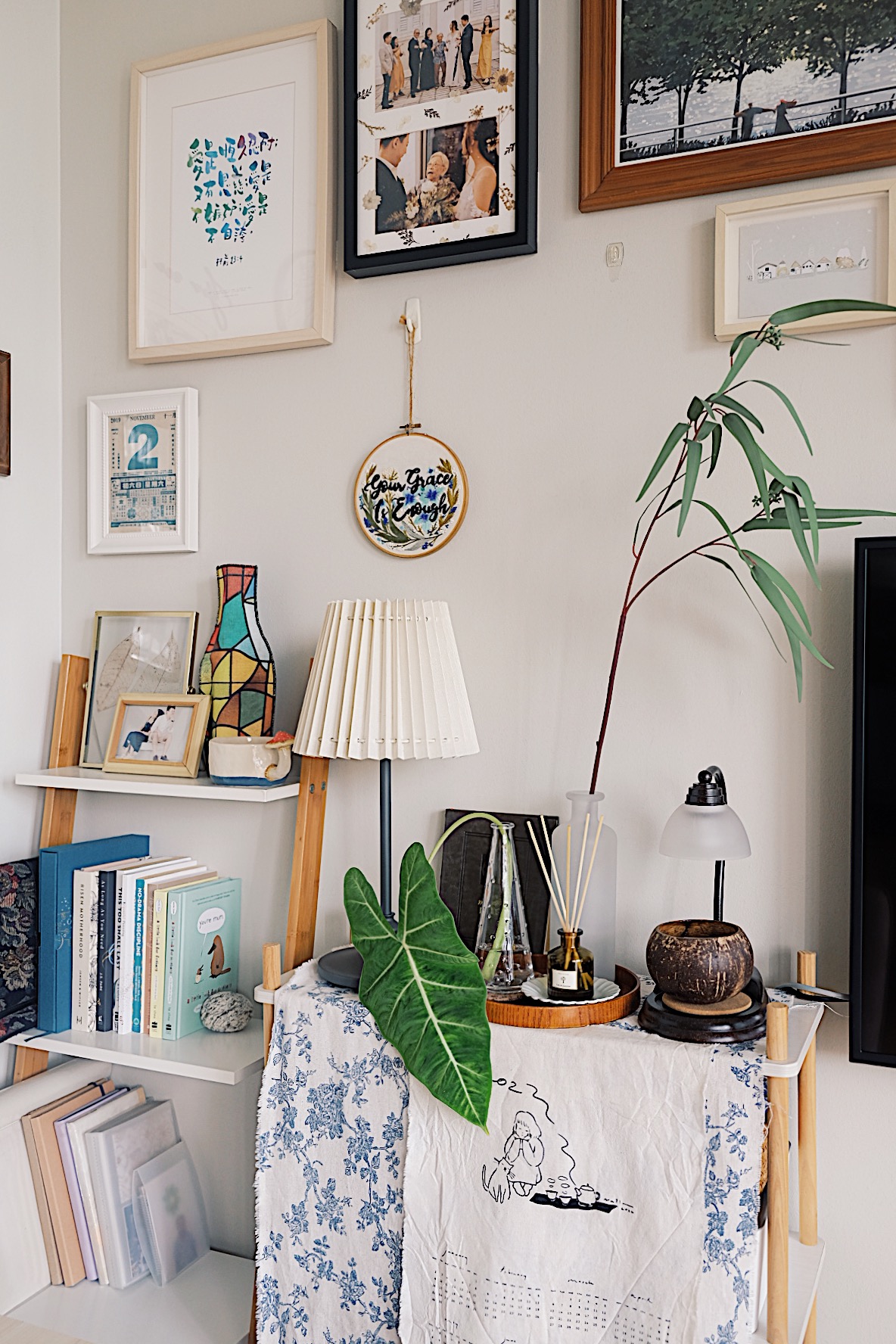 He promised her a Forest: Bits of green in every corner of our home - shelf, books, framed pictures, decorative vases, plant