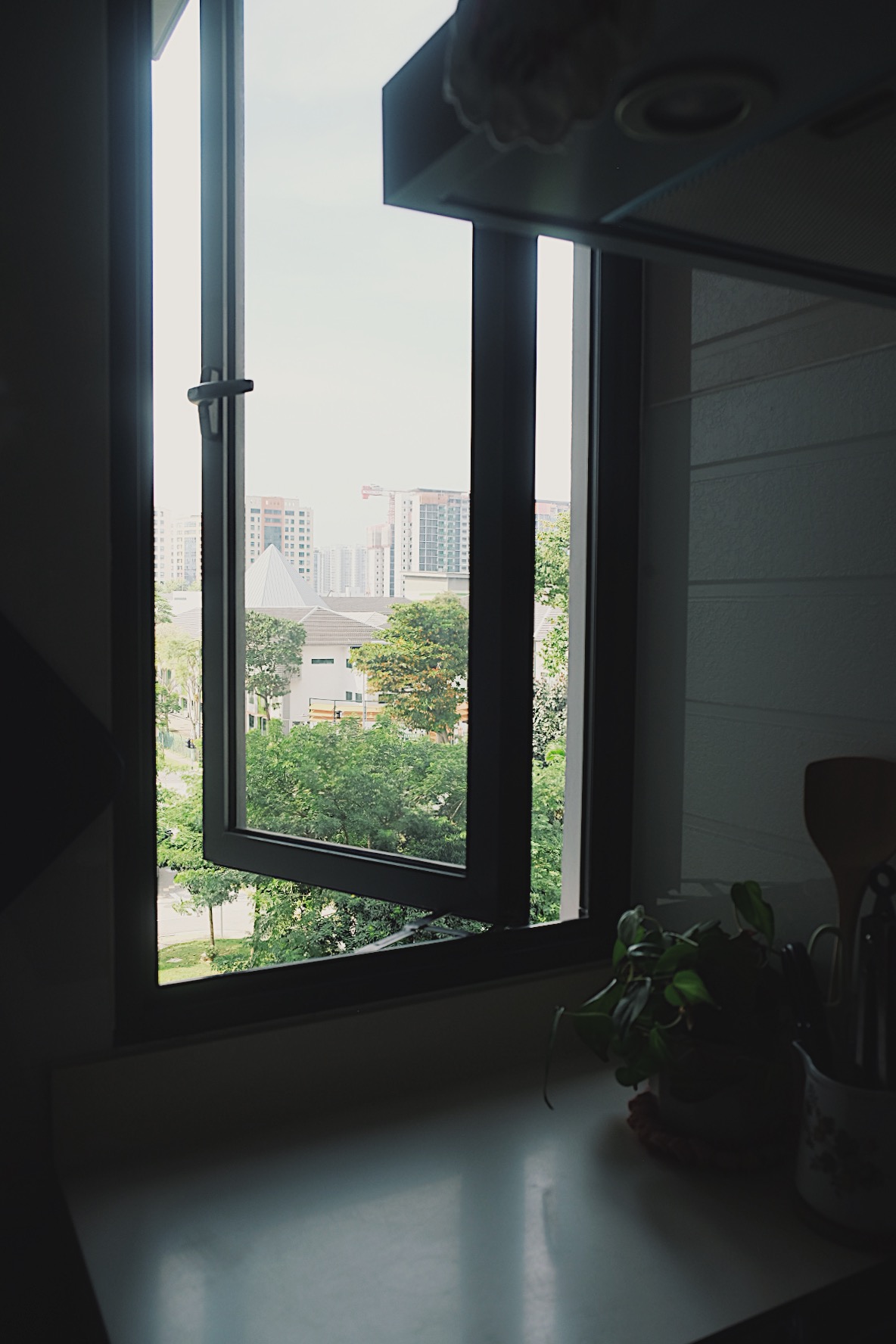 How we make a tiny condo kitchen functional and aesthetic - Sunlight streaming through window, cityscape view, indoor plant