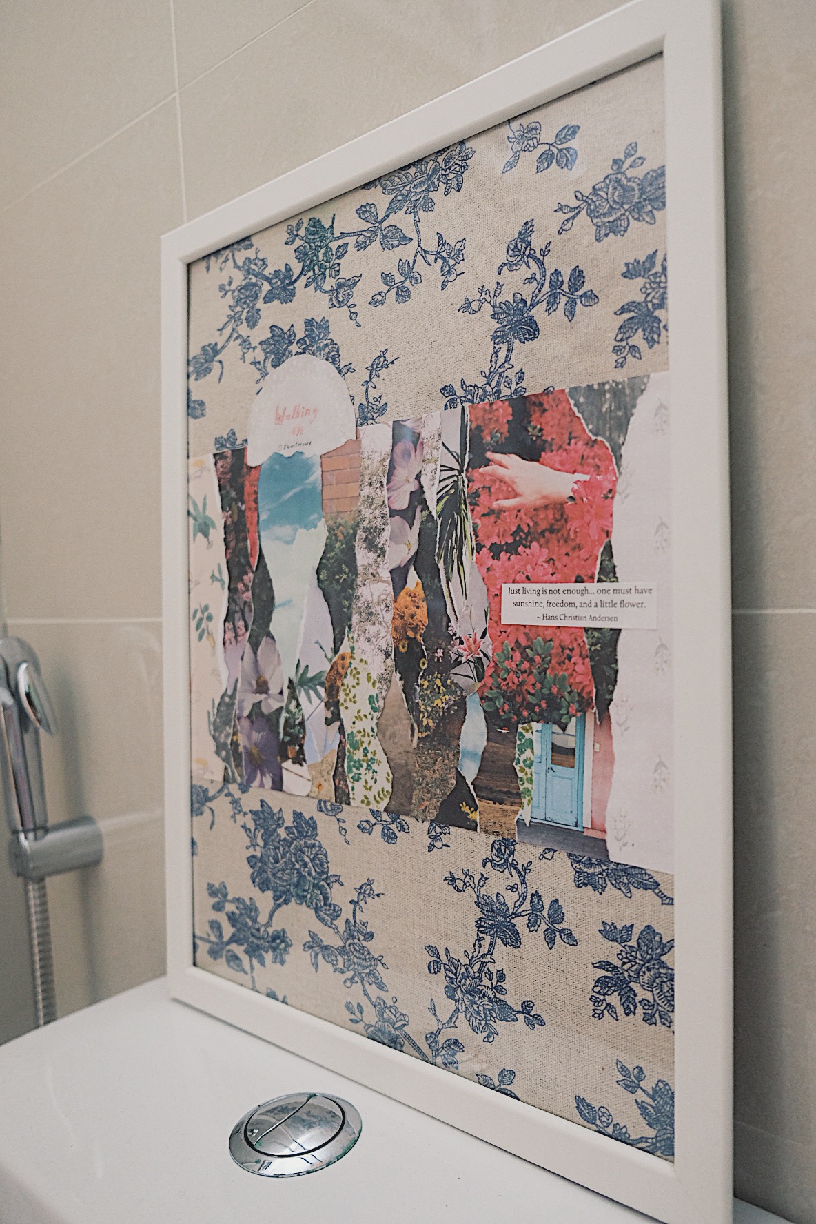 Styling our bathrooms with framed magazine cutouts - Bathroom decor, framed collage, floral pattern, blue and beige, textured