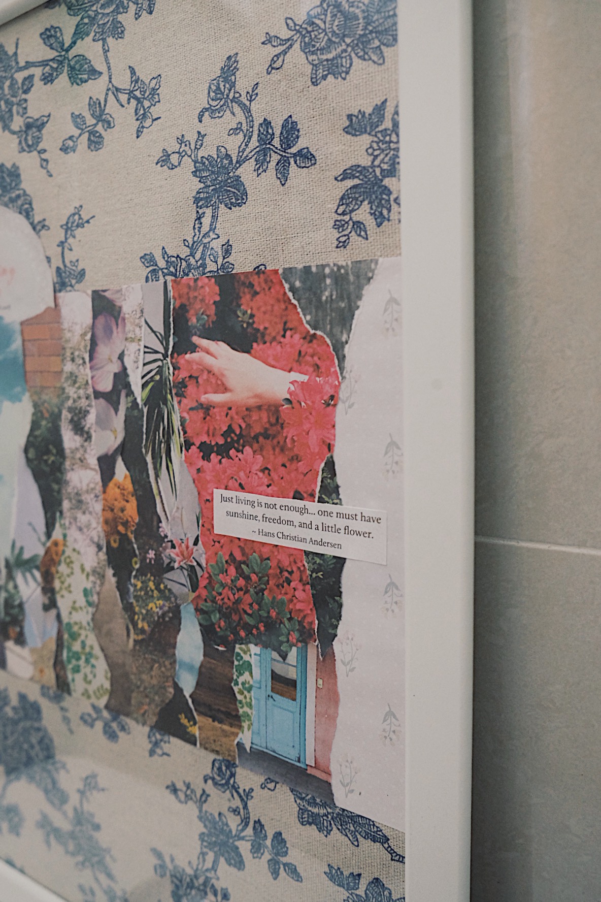 Styling our bathrooms with framed magazine cutouts - floral wallpaper, collage art, vibrant flowers, nature theme, abstract