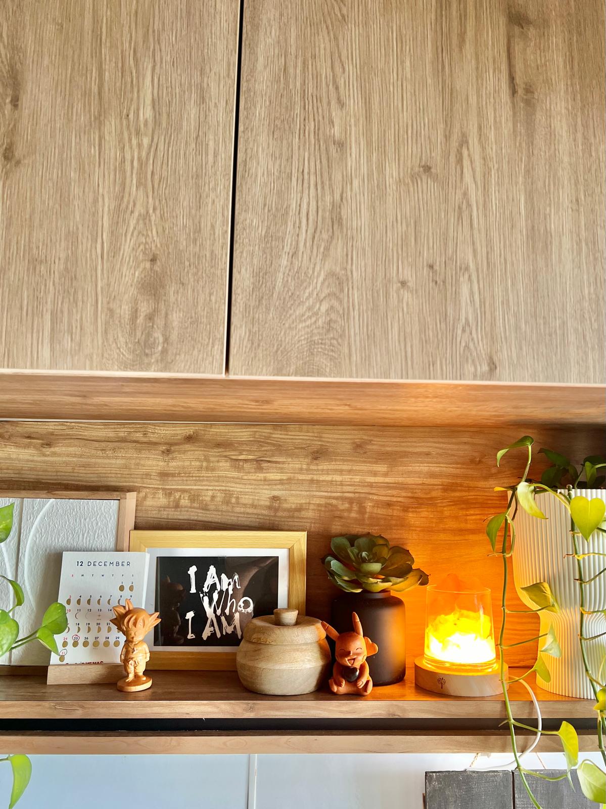 A Little Mess, A Lot of Love | My Cozy Kitchen Corner - Wooden shelf, minimalist decor, natural wood texture, cozy ambiance