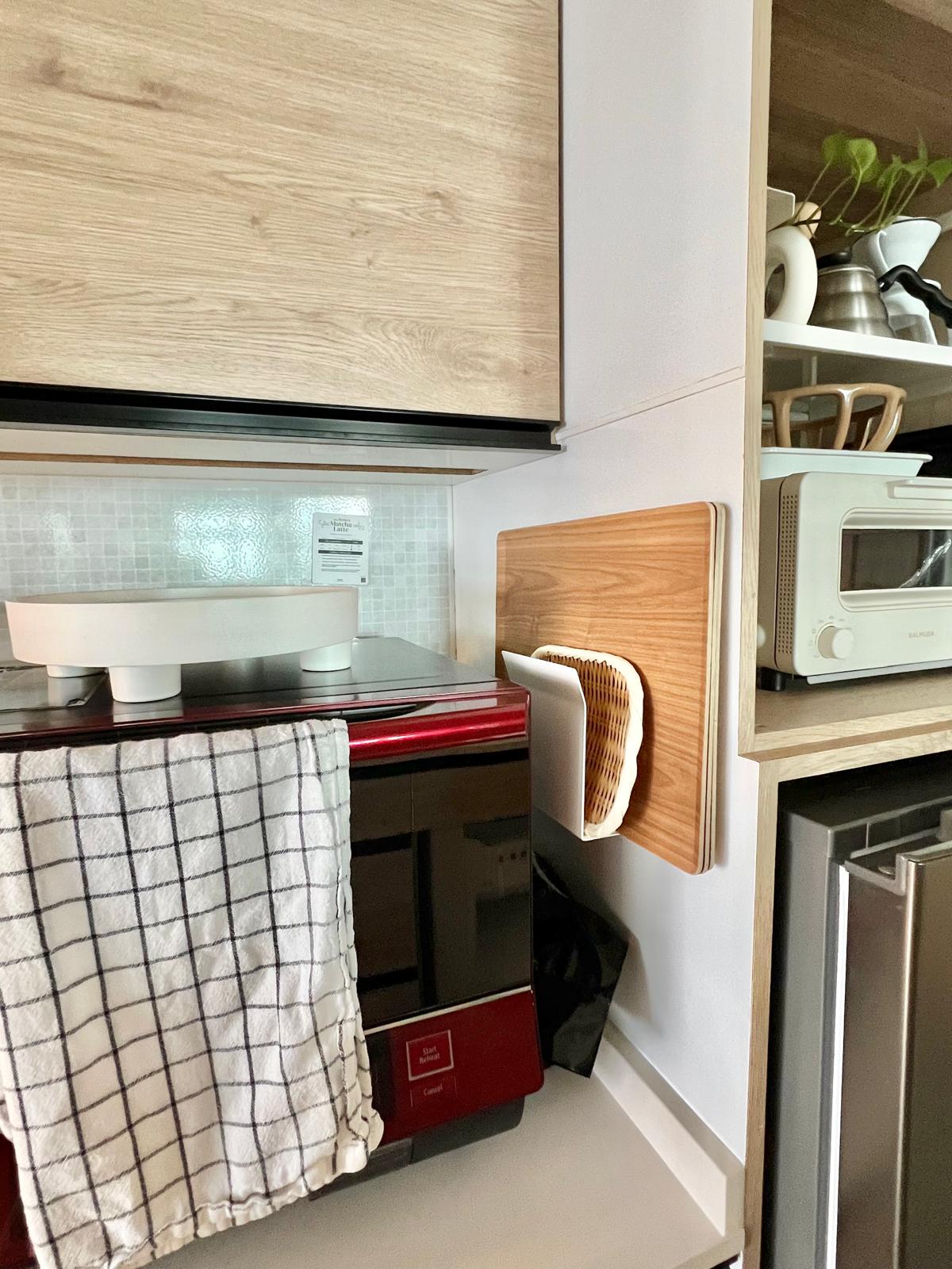 A Little Mess, A Lot of Love | My Cozy Kitchen Corner - Wooden kitchen cabinets, modern appliances, white tiled backsplash