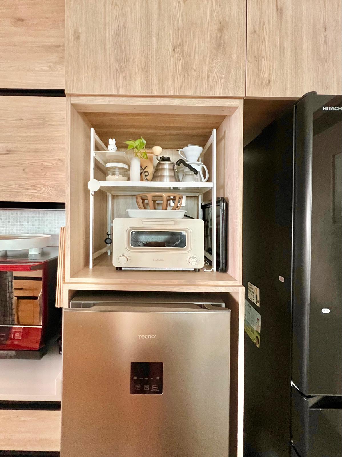 A Little Mess, A Lot of Love | My Cozy Kitchen Corner - Wooden kitchen cabinet, open shelf, white shelves, kitchen