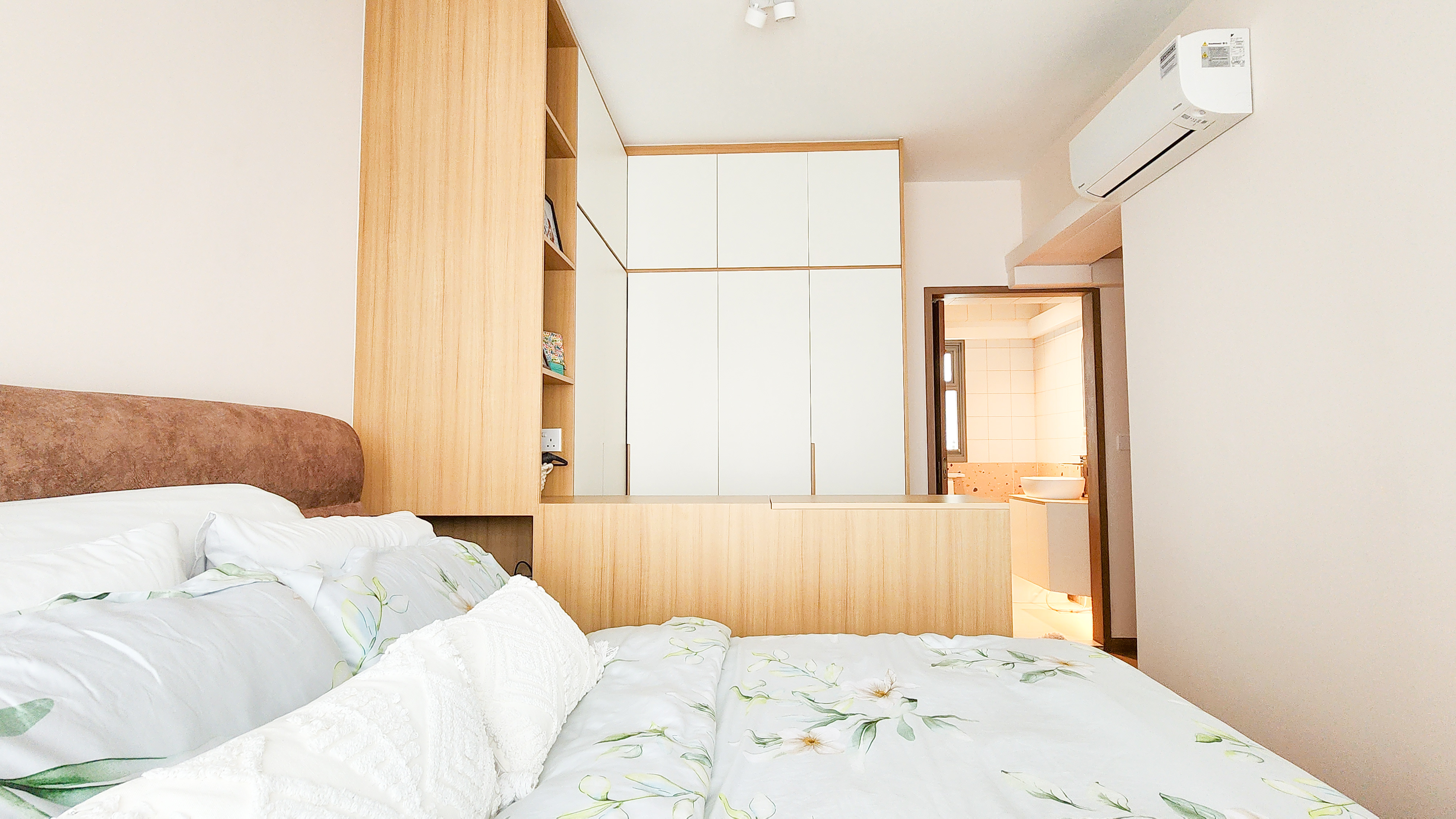 Inside Our $67k Cosy Boho-Cafe 4-Rm BTO - Wooden wardrobe, white cabinets, minimalist design, cozy bed, floral bedding