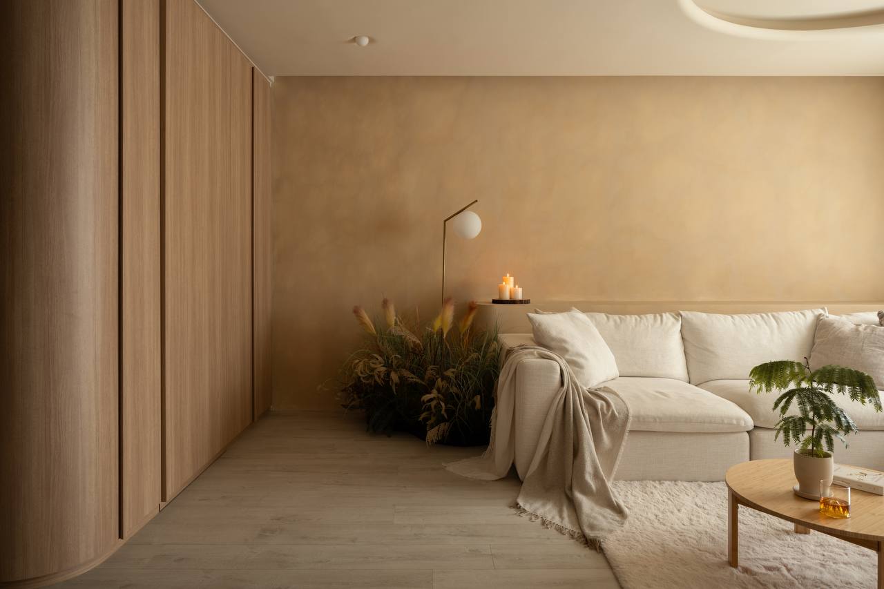 Home Sanctuary: Living Room - Wooden cabinetry, beige walls, cozy living room, modern decor, minimalist design, neutral color