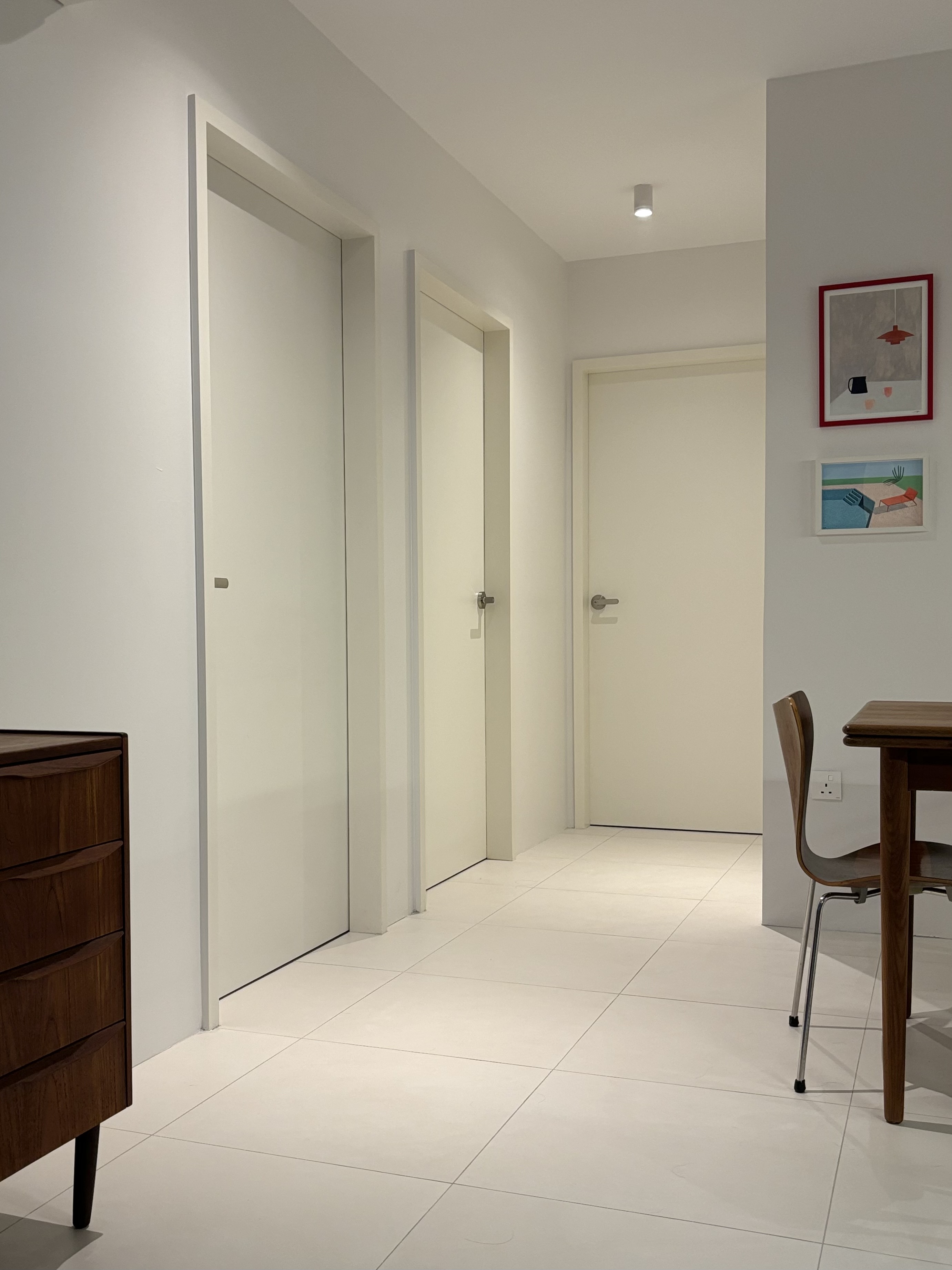 A Simple Mid-Century Modern 4-Rm BTO under $60k - White tiled floor, minimalist design, modern decor, sleek furniture, wooden