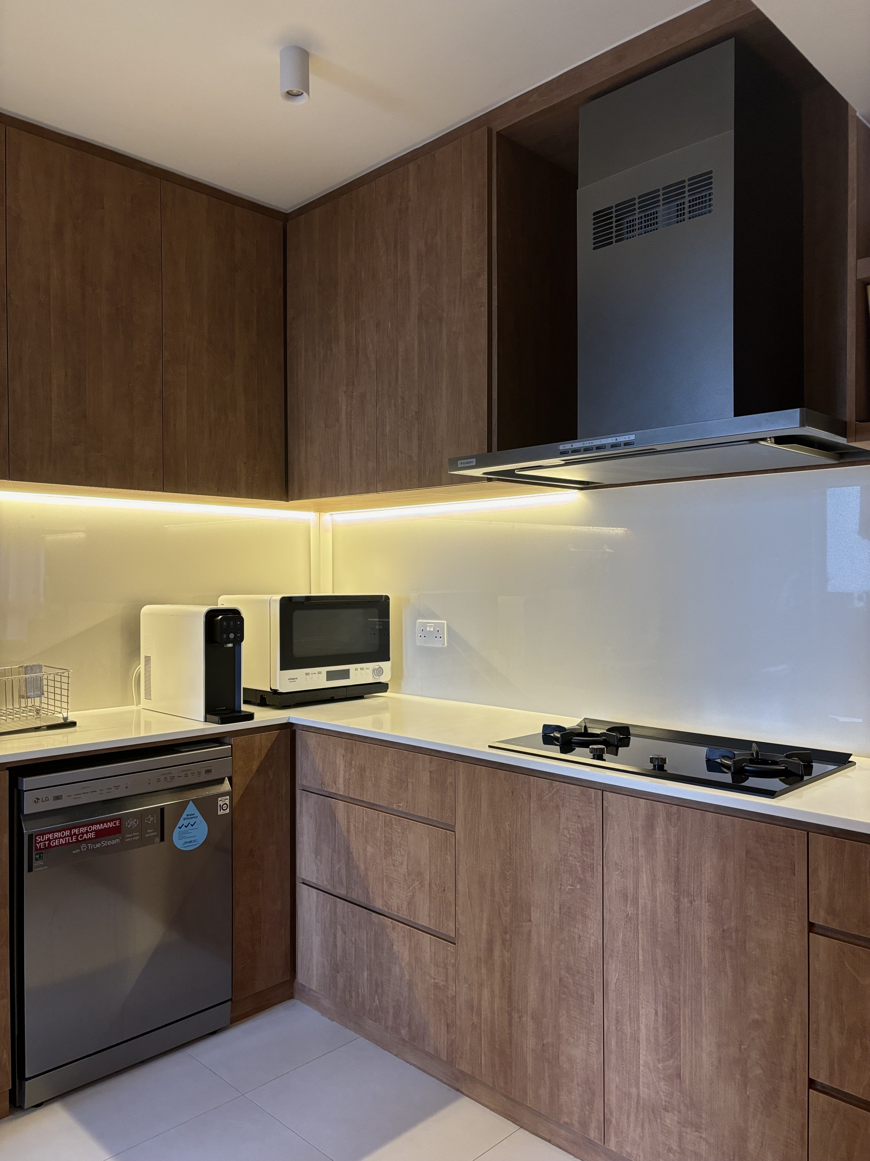 A Simple Mid-Century Modern 4-Rm BTO under $60k - Wooden cabinetry, modern kitchen, stainless steel appliances, under-cabinet